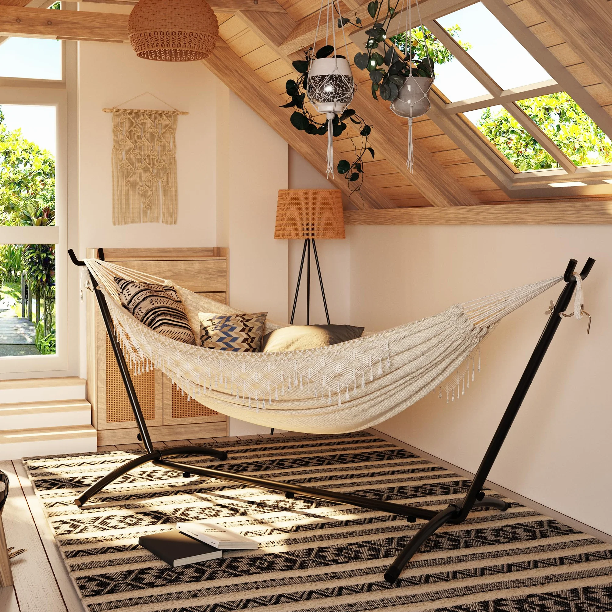 Hamac bohème pour 2 Personnes avec Support Réglable en Hauteur, Cadre métallique, Beige