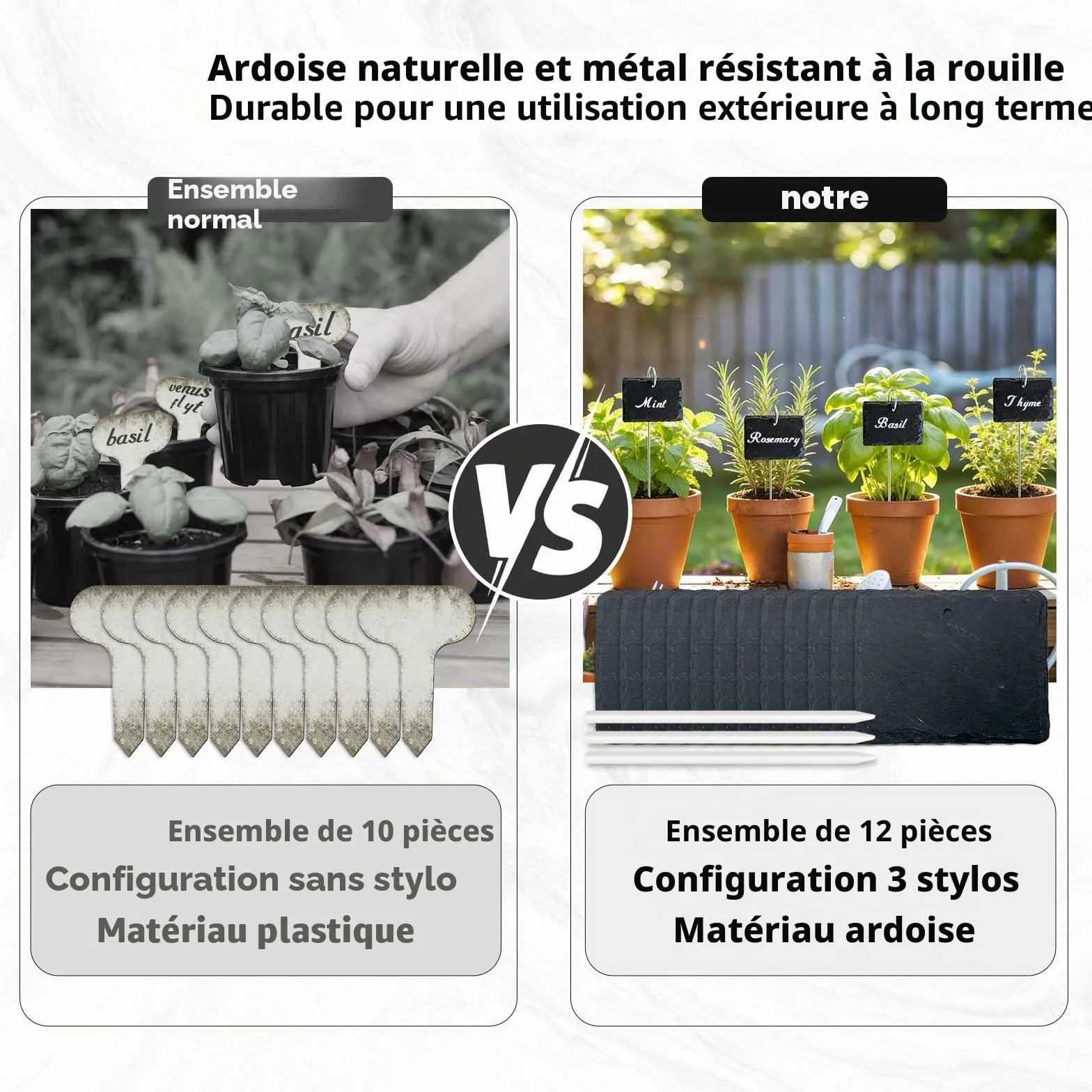 Étiquettes Plantes Ardoise Rectangulaires Lot de 12 avec Tige Métal Imperméables Extérieur Marqueurs Jardin Réutilisables Stylo Craie