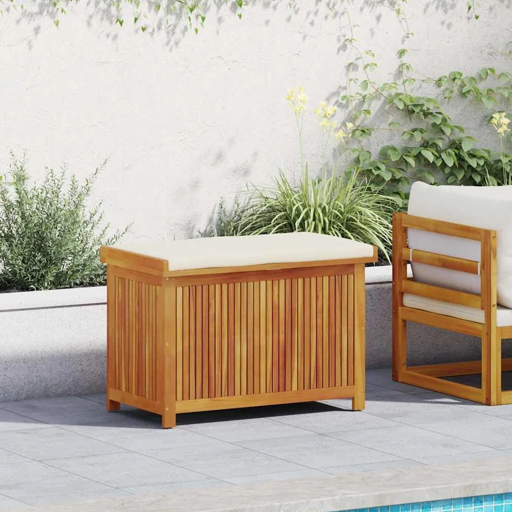 Banc de Rangement Extérieur avec Coussin Coffre en Bois d'Acacia Massif pour Jardin Patio (Blanc crème 90x50x60,5 cm)