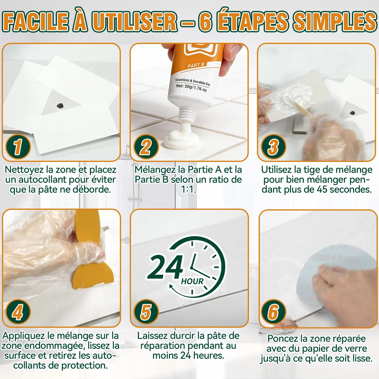 Kit Reparation Carrelage, Réparation Carrelages en fibre de verre pour la réparations des éclats, fissures, rayures et trous sur le carrelag, la porcelaine, la céramique et l'émail de baignoire