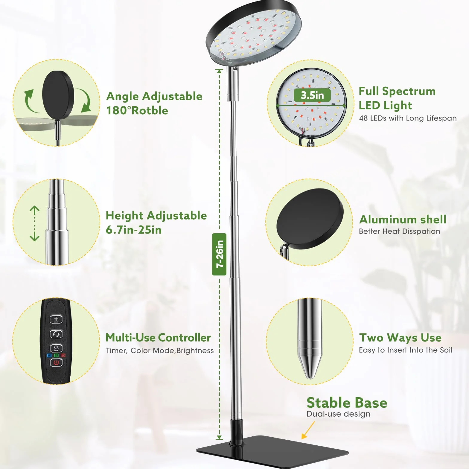 Lampe pour plantes 48 LED 6000K avec minuterie 3/9/12H, 10 niveaux de luminosité, 3 modes d'éclairage Noir 2PCS