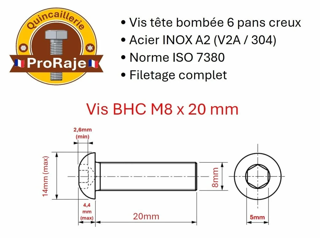 Vis INOX M8x20 mm tête bombée BTR Ø 8x20 mm | Vis cylindrique M8 x 20 mm BHC à 6 pans creux (clé allen) | Acier Inoxydable A2-70 (V2A/304) | DIN ISO 7380-1 : LOT DE 5 Pcs