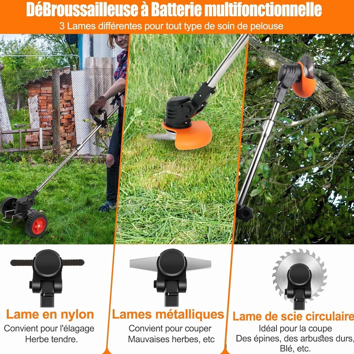 Debroussailleuse Electrique sans Fil 21V Coupe Bordure avec 2 Batteries et Lames Roues Légère Faible Bruit Jardin Pelouses Arbustes