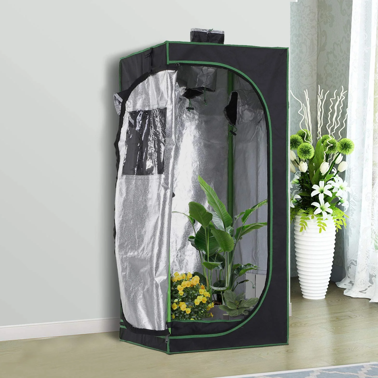 Outsunny Serre Hydroponique Oxford 600D 60x60x140 cm Noir avec 3 Prises d'Air Réglables