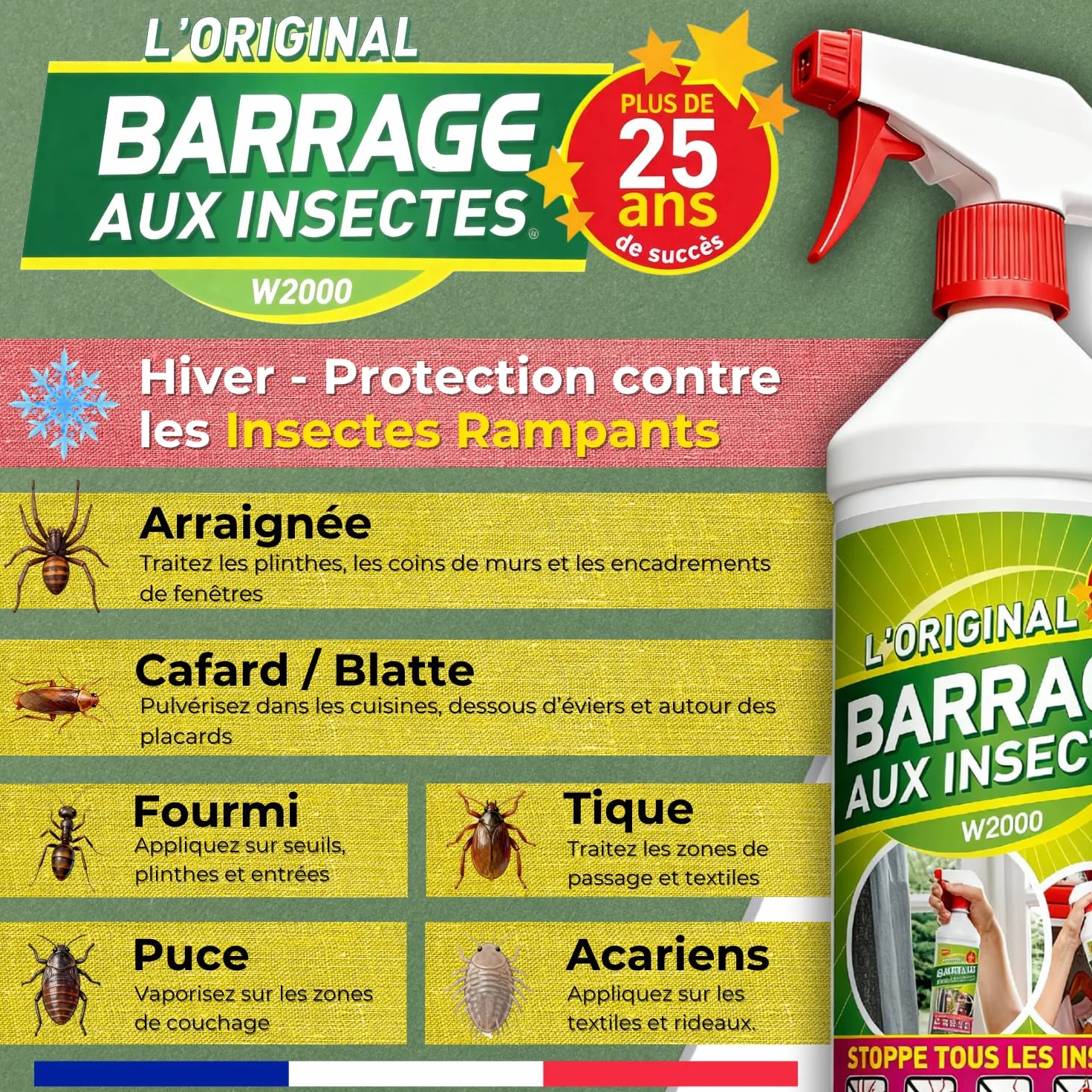 Barrage aux Insectes 3x1L avec 3 Bouchons de sécurité et pulvérisateur