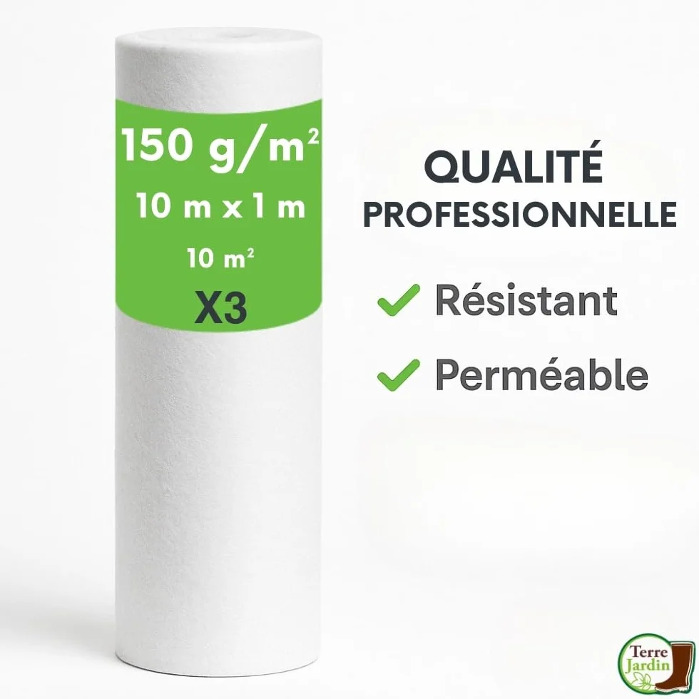 Rouleau Géotextile Non Tissé 1 x 10 m Lot de 3 - Feutre Géotextile 150g/m2 Polyester Anti-Mauvaises Herbes Perméable Jardin