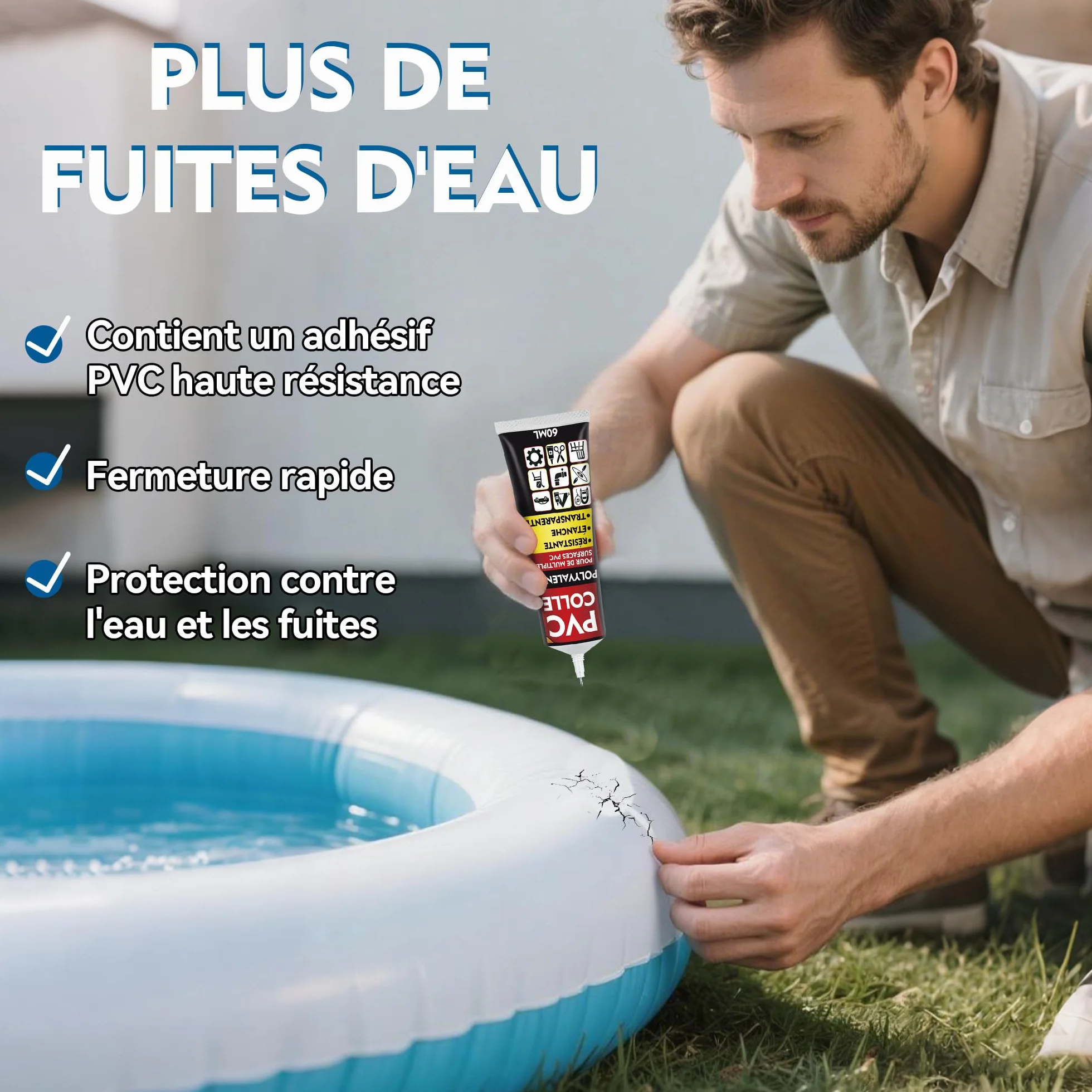 Kit Réparation Piscine Liner, Colle PVC Étanche pour Bouées Matelas Gonflables
