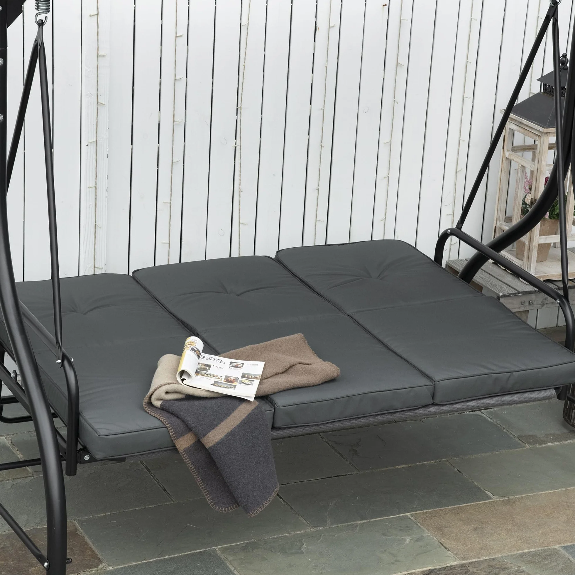 Outsunny Balancelle de Jardin 3 Places Convertible Toit réglable Matelas 7 cm Gris métal époxy Noir