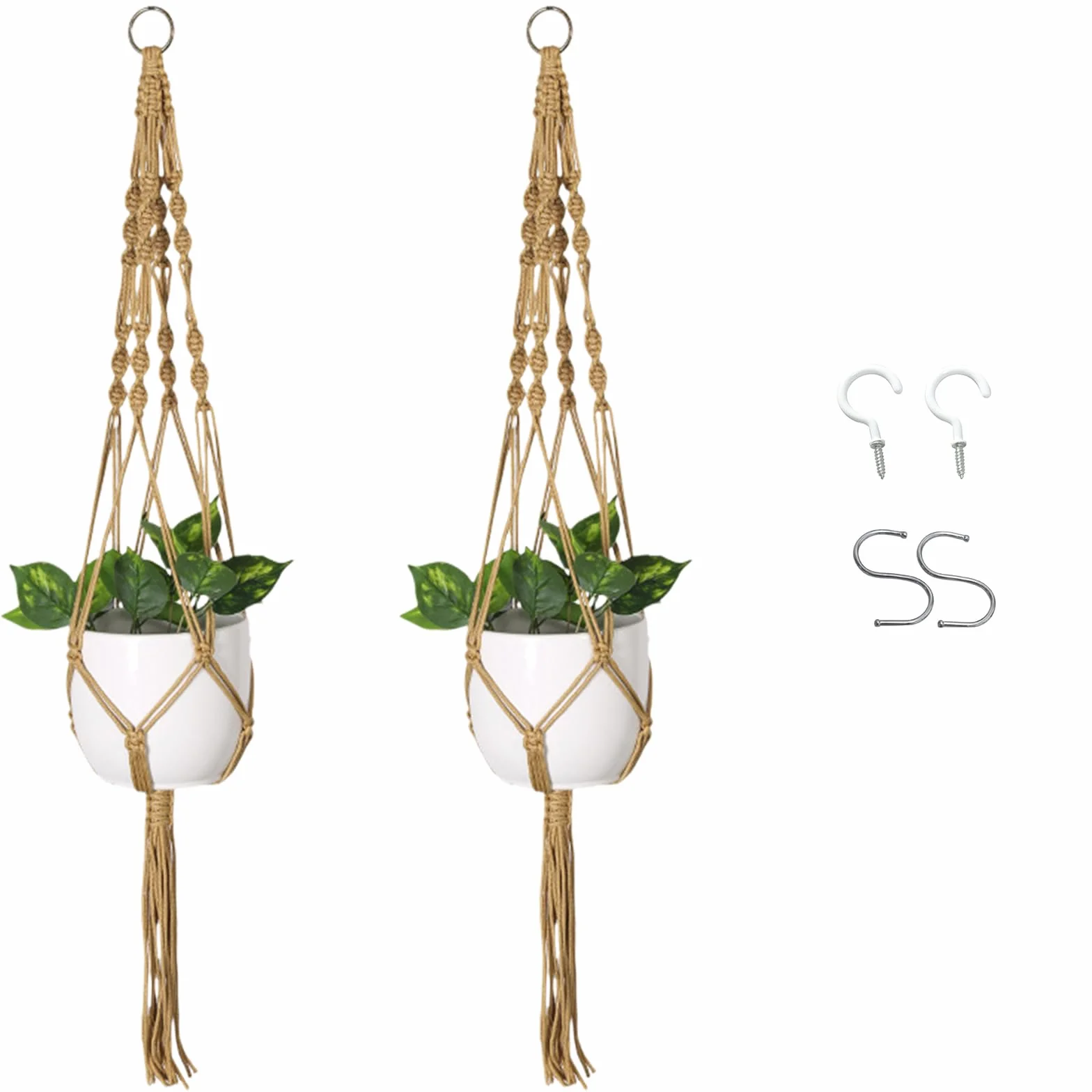 Macramé Pot Suspendu 2 Pièces avec Crochets en S et Crochets à Corne, Support Pots Suspendu pour Fleur Intérieur