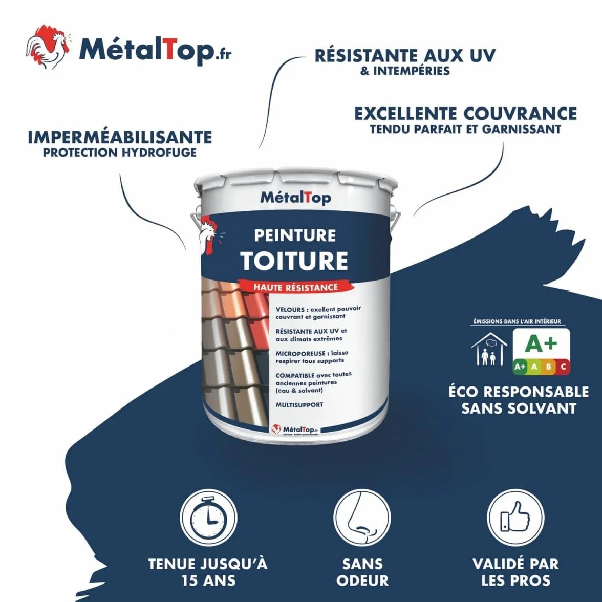 Metaltop - Peinture Toiture - Blanc pur - RAL 9010-1 L - Protection longue durée, résistante aux UV, application facile sur tuile, ardoise, tôle, fibrociment