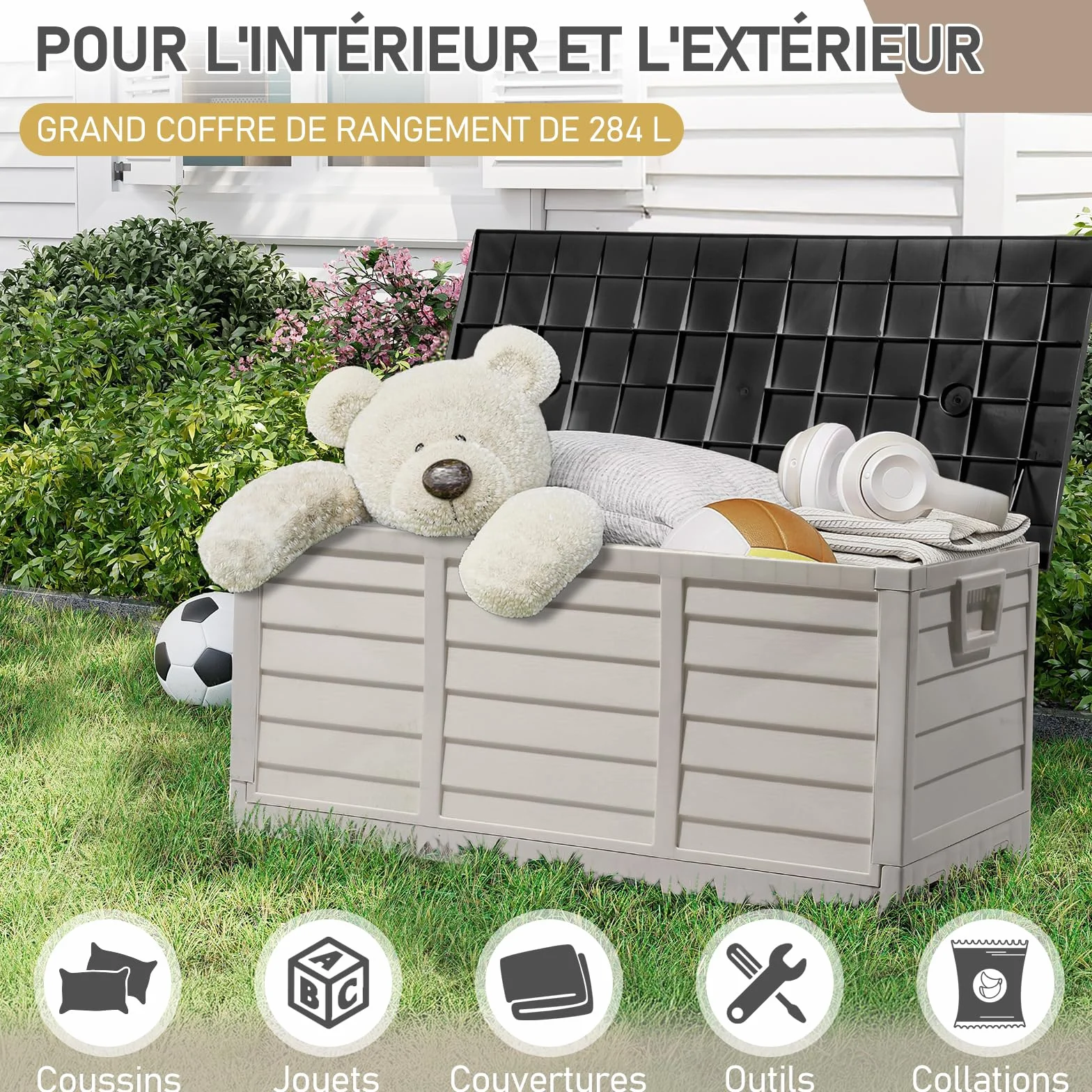 Coffre de jardin extérieur pliable 284 L imperméable résistant aux UV avec poignées et roues Noir et blanc