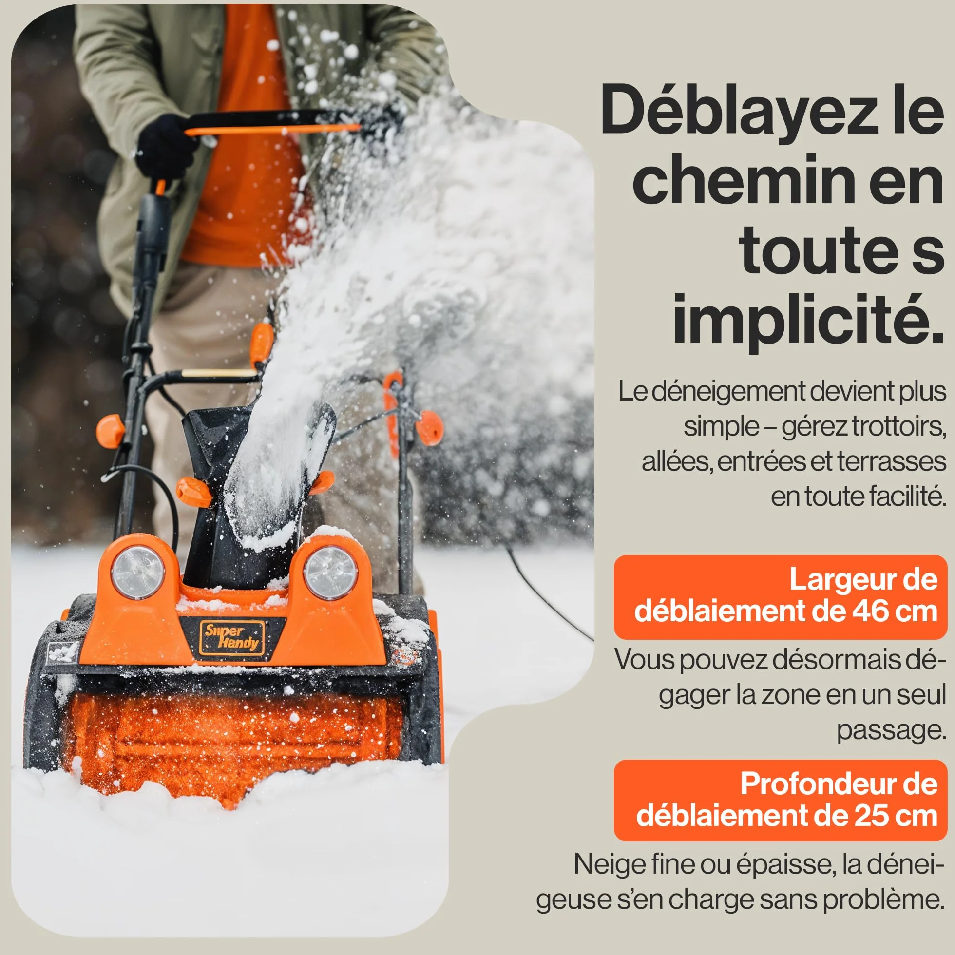 SuperHandy Déneigeuse électrique Filaire 46×25 cm, portée 7 m, capacité 320 kg/Min, phares LED