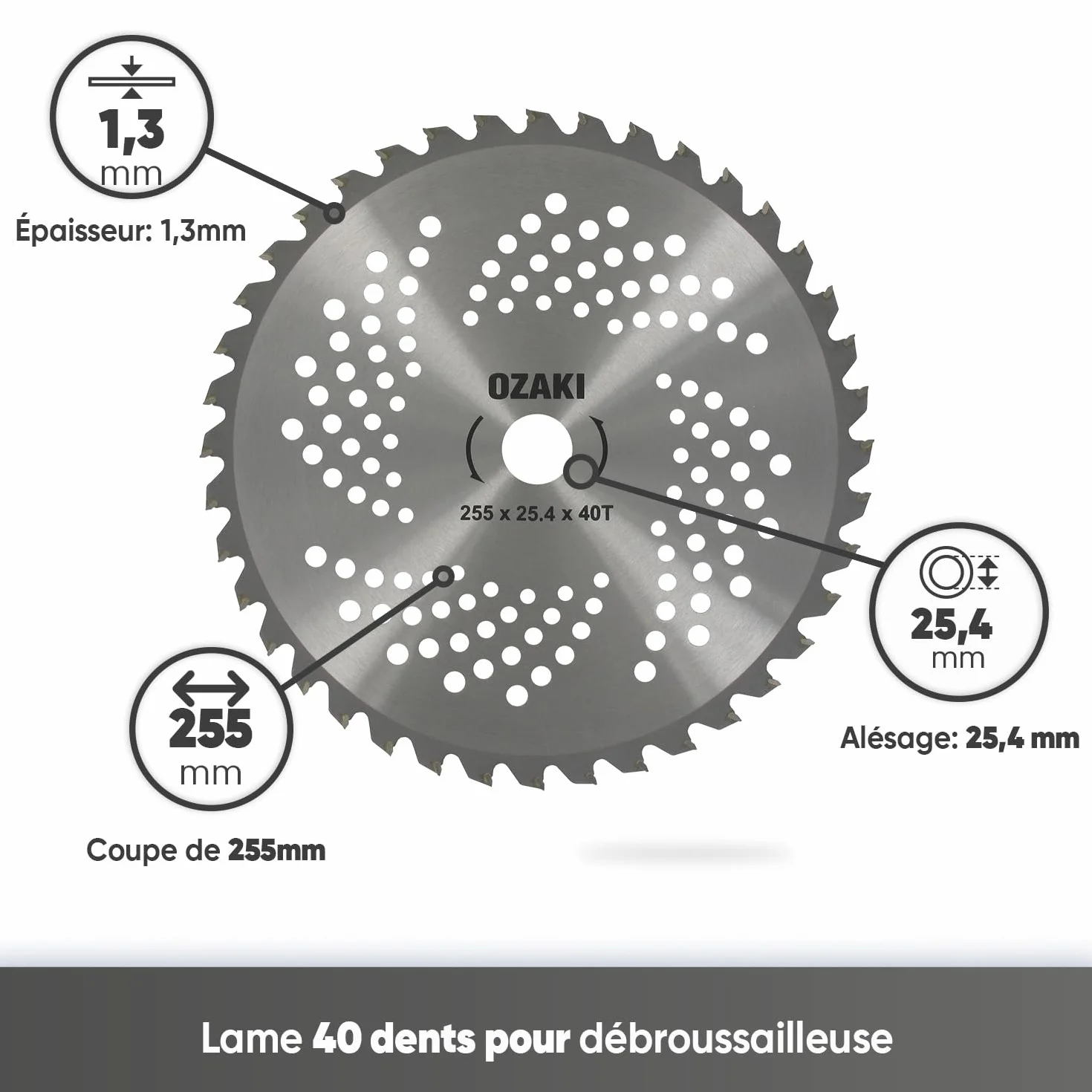Lame 40 Dents Débrousailleuse Pointe Carbure 255 mm 1,3 mm Alésage 25,4 mm