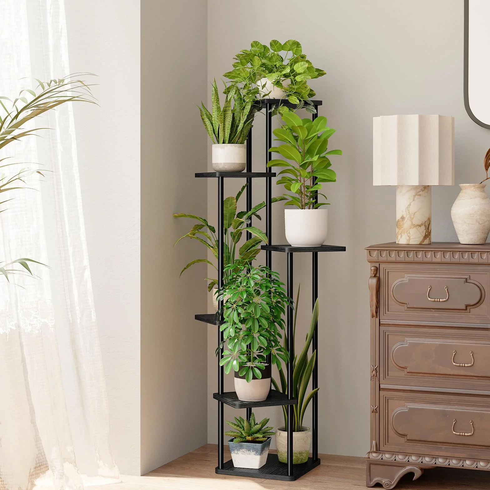 Bamworld Support d'angle pour plantes d'intérieur, étagère en métal à 6 niveaux, noir