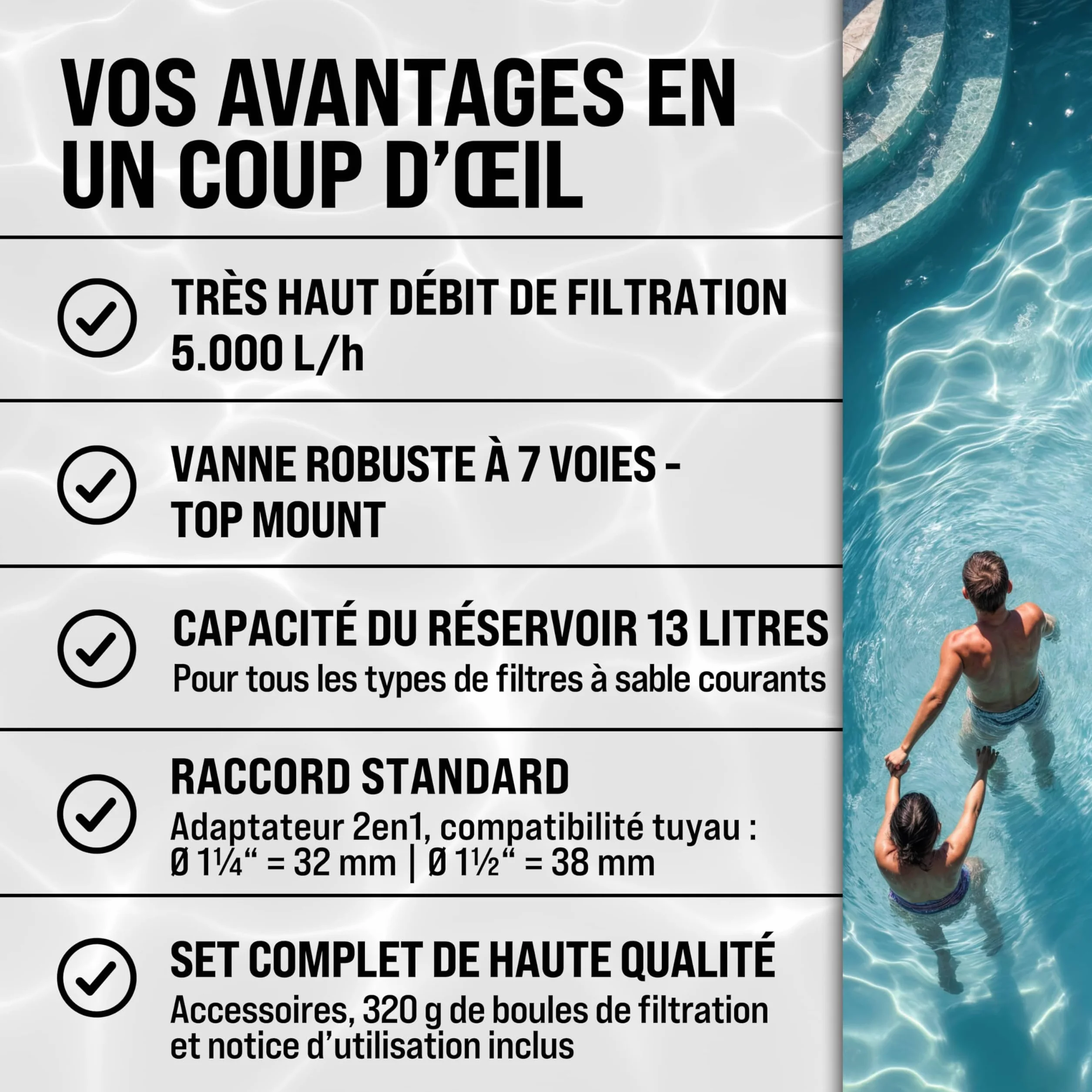 MONZANA Pompe filtre à sable 5 m³ auto-amorçante pour piscines jusqu'à 15 m³ vanne 7 voies Ø32-38mm