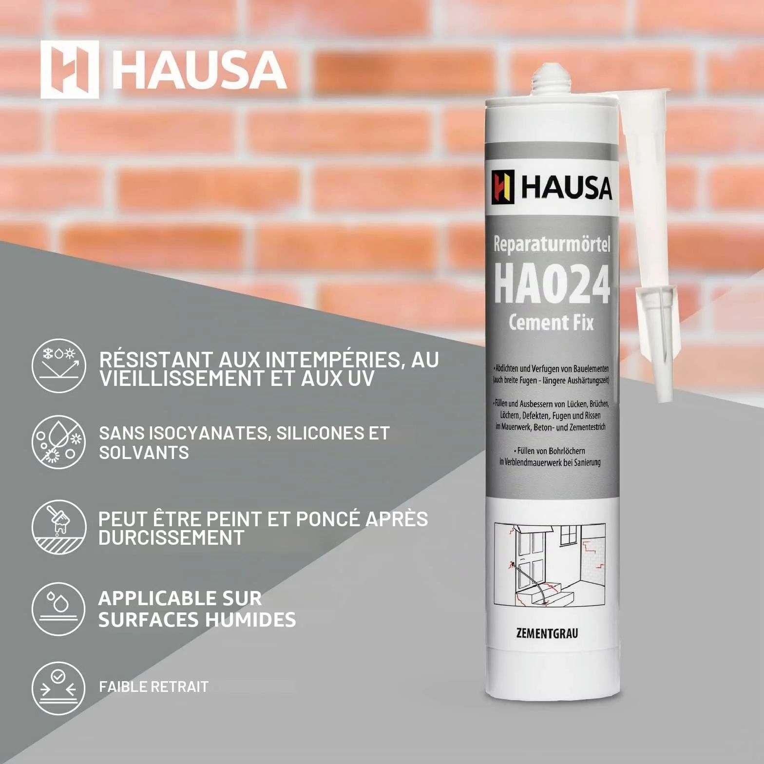 HAUSA Mortier de Réparation Cement Fix HA024 Mortier Prêt à l'Emploi pour Jointoiement Remplissage Cassures Fissures Ciment Rapide pour Intérieur et Extérieur Gris Ciment 4x 310 ml