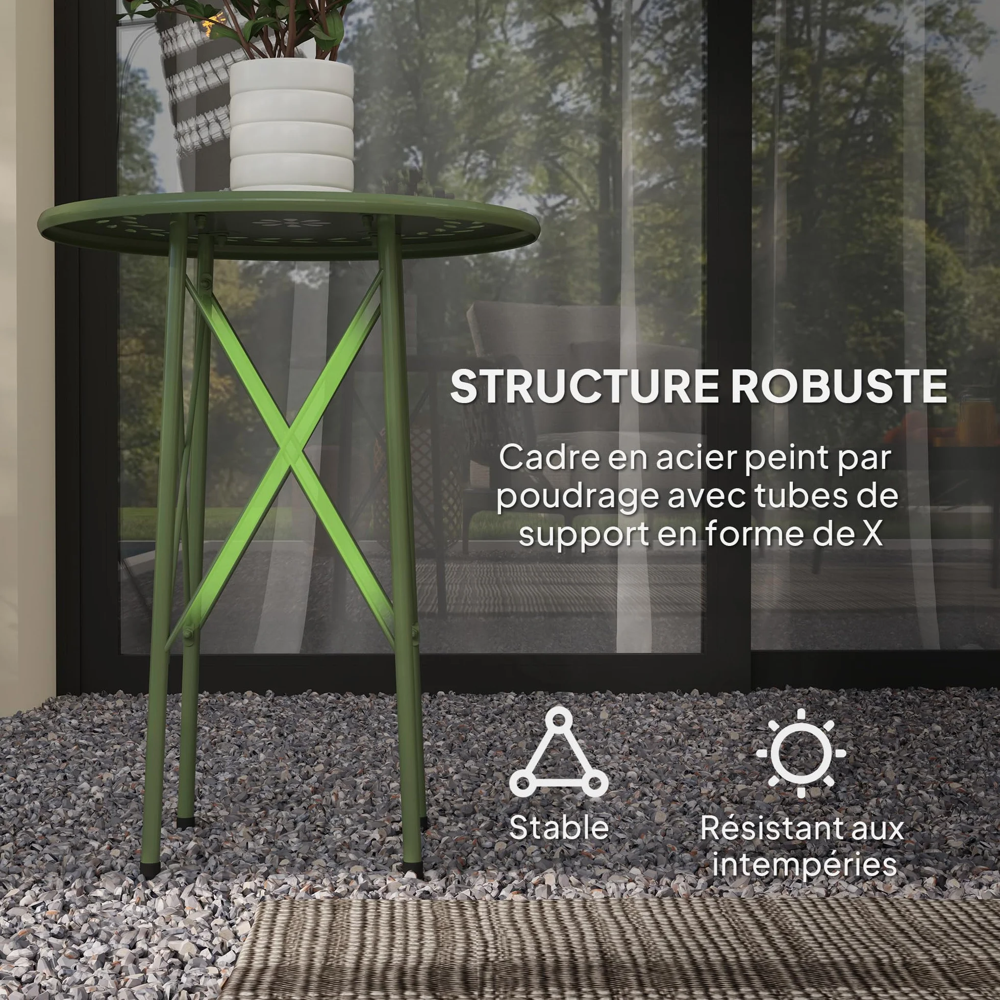 Outsunny Petite Table d'appoint Ronde de Jardin en Acier Vert avec découpe Fleur Feuilles
