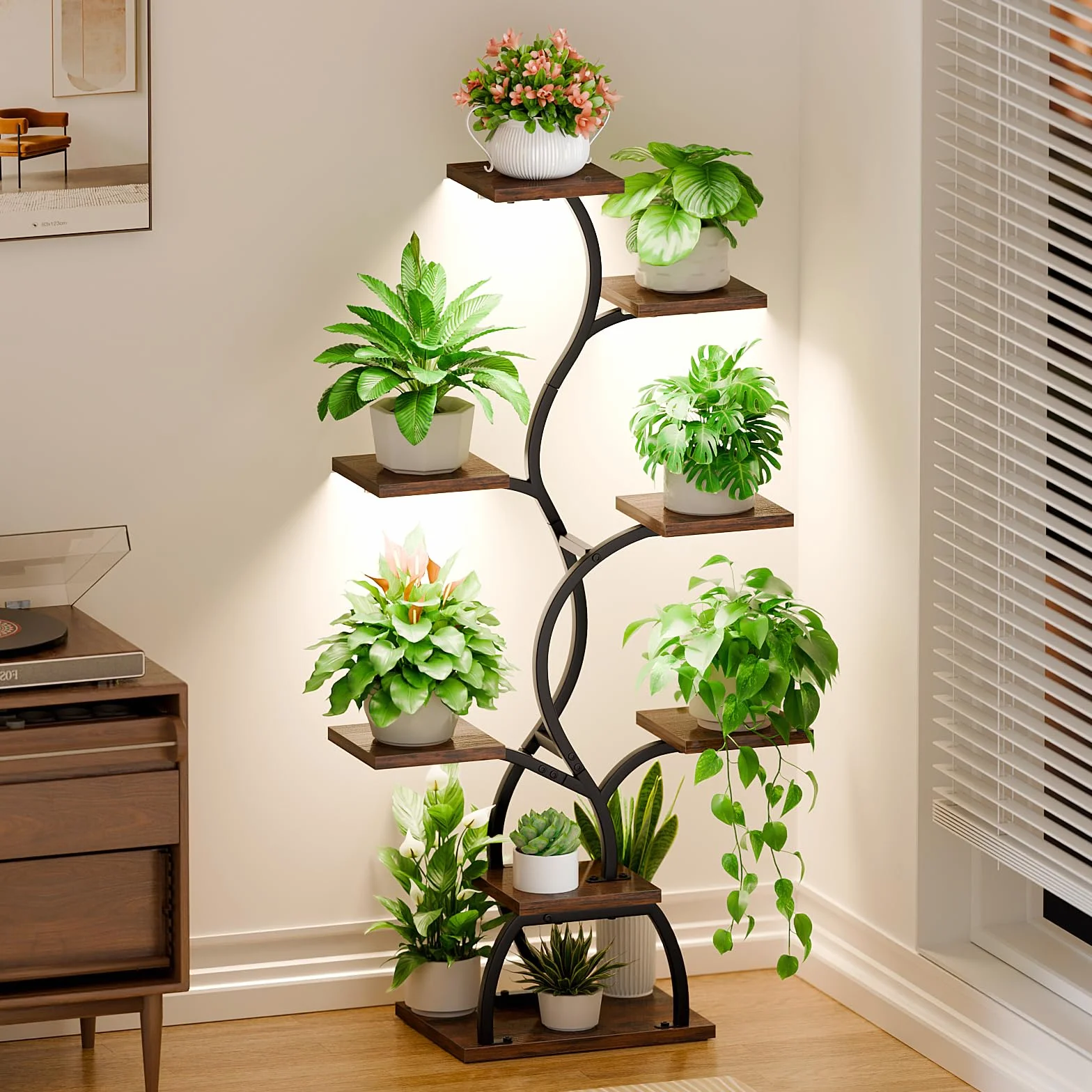 BACEKOLL Support pour plantes avec lumière de croissance 8 niveaux 124 cm Métal Bois Noir