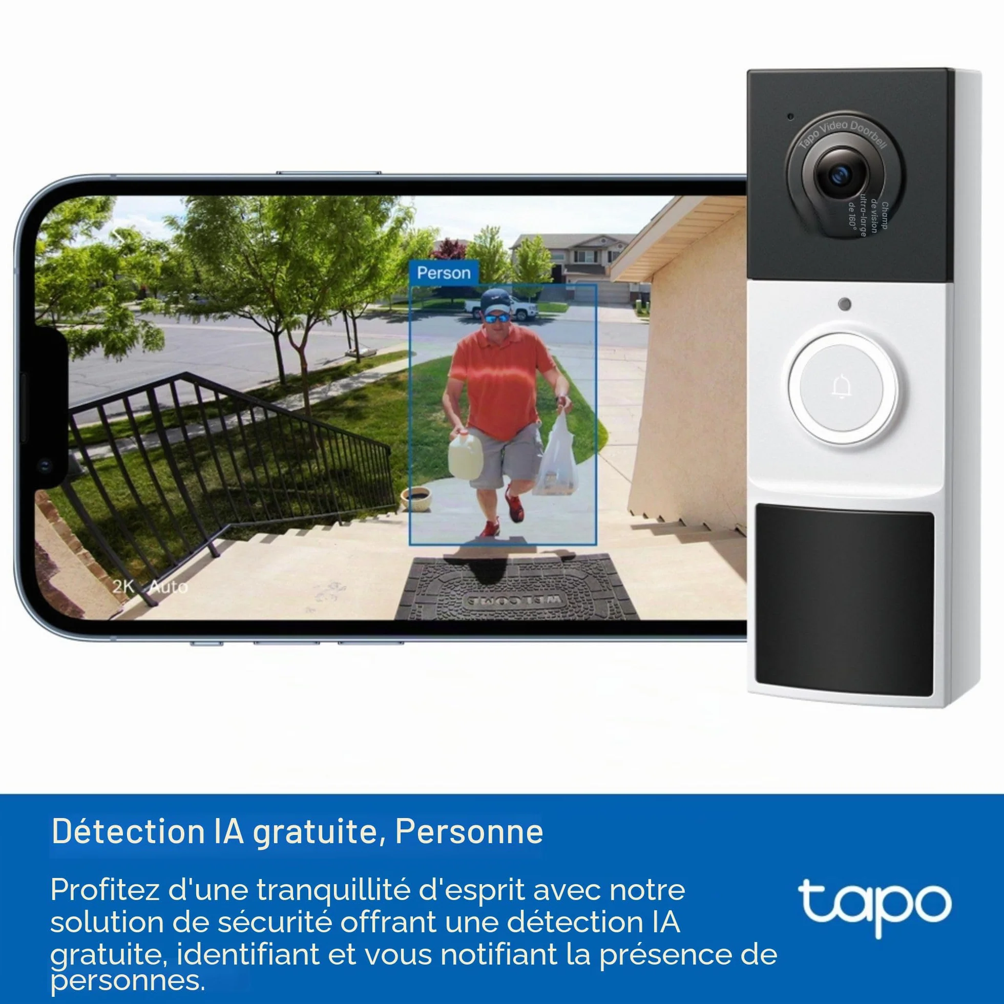 Tapo Caméra de Sonnette sans Fil, Sonnette vidéo alimentée par Batterie 2K 3MP, Vue Ultra Large à 160°, Vision Nocturne en Couleur, détection AI, IP65 résistant aux intempéries, Compatible avec Alexa