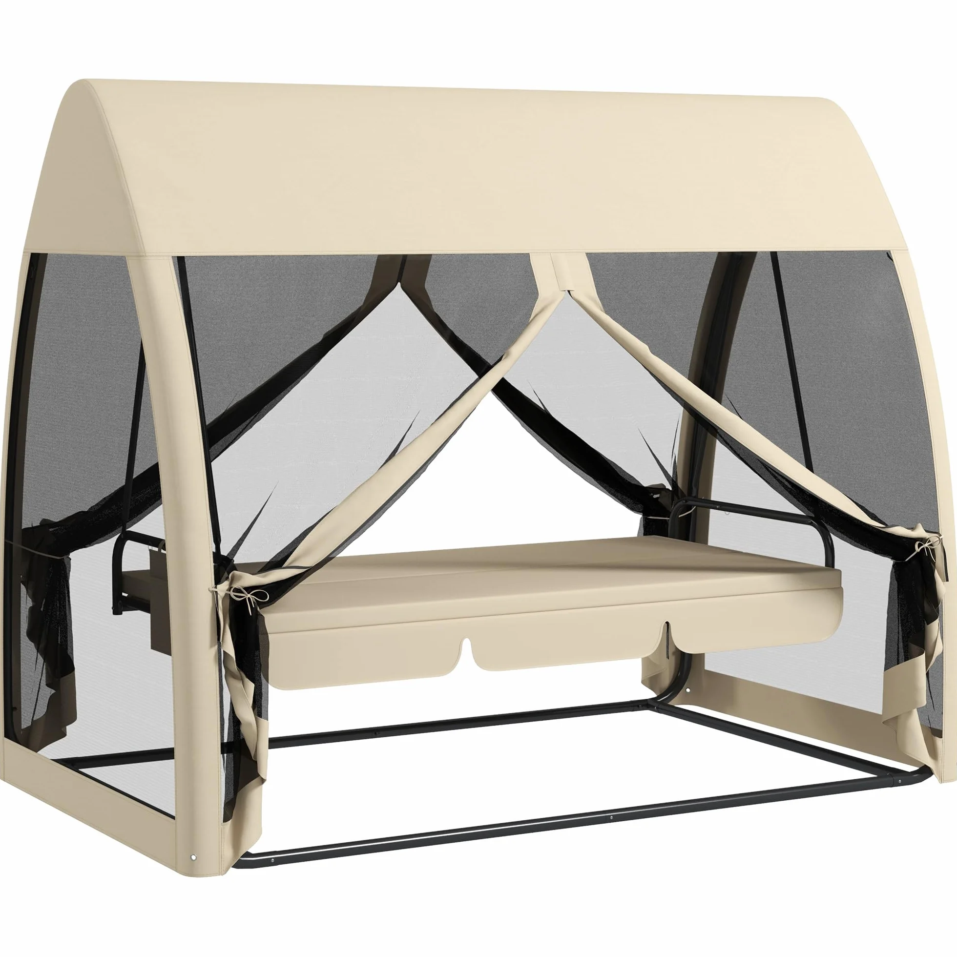 Outsunny Balancelle de Jardin Convertible 3 Places avec Auvent et Coussins, Beige