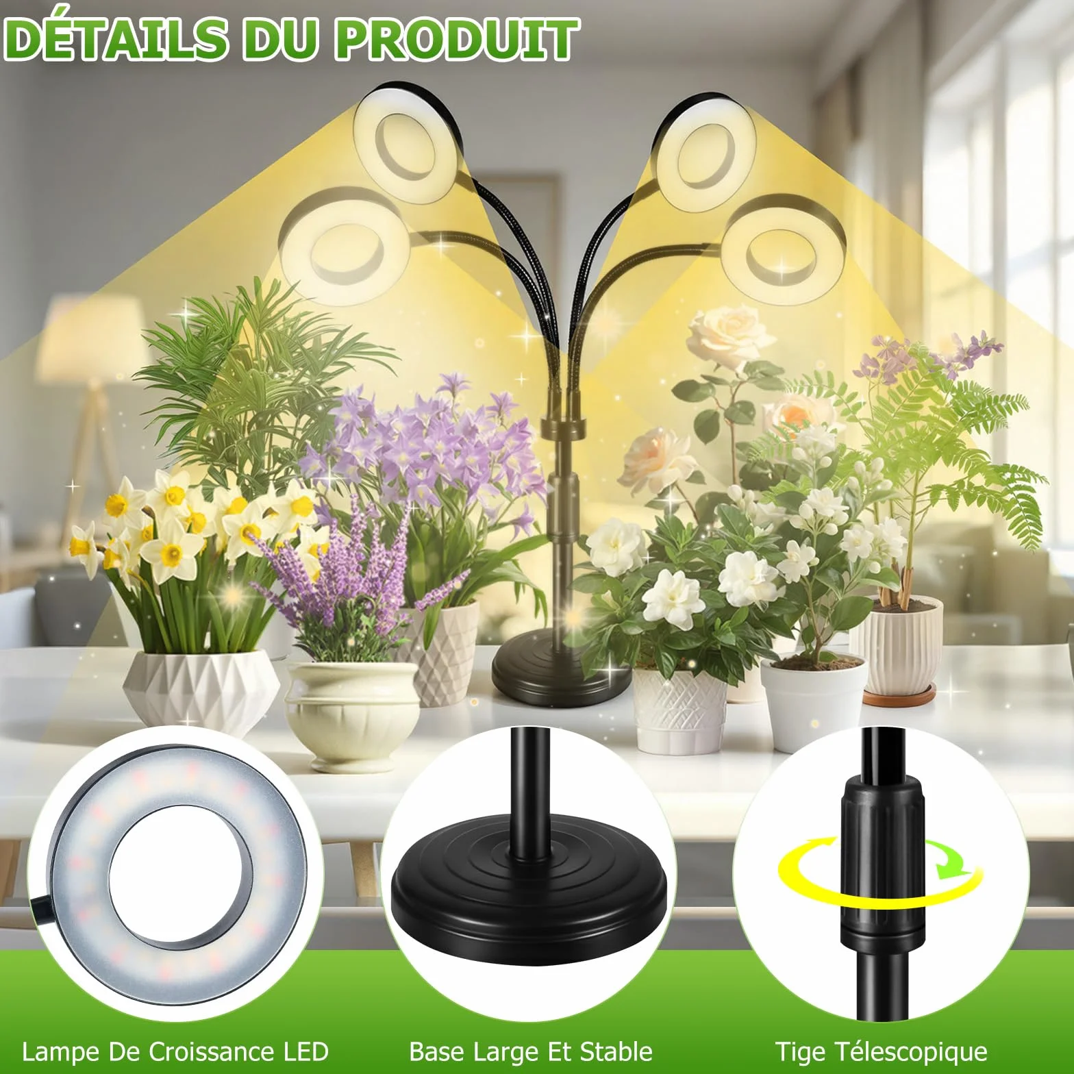 Lampe Horticole LED Plein Spectre 100 LEDs avec Minuterie 4/8/12H 4 Bras Col de Cygne Flexible