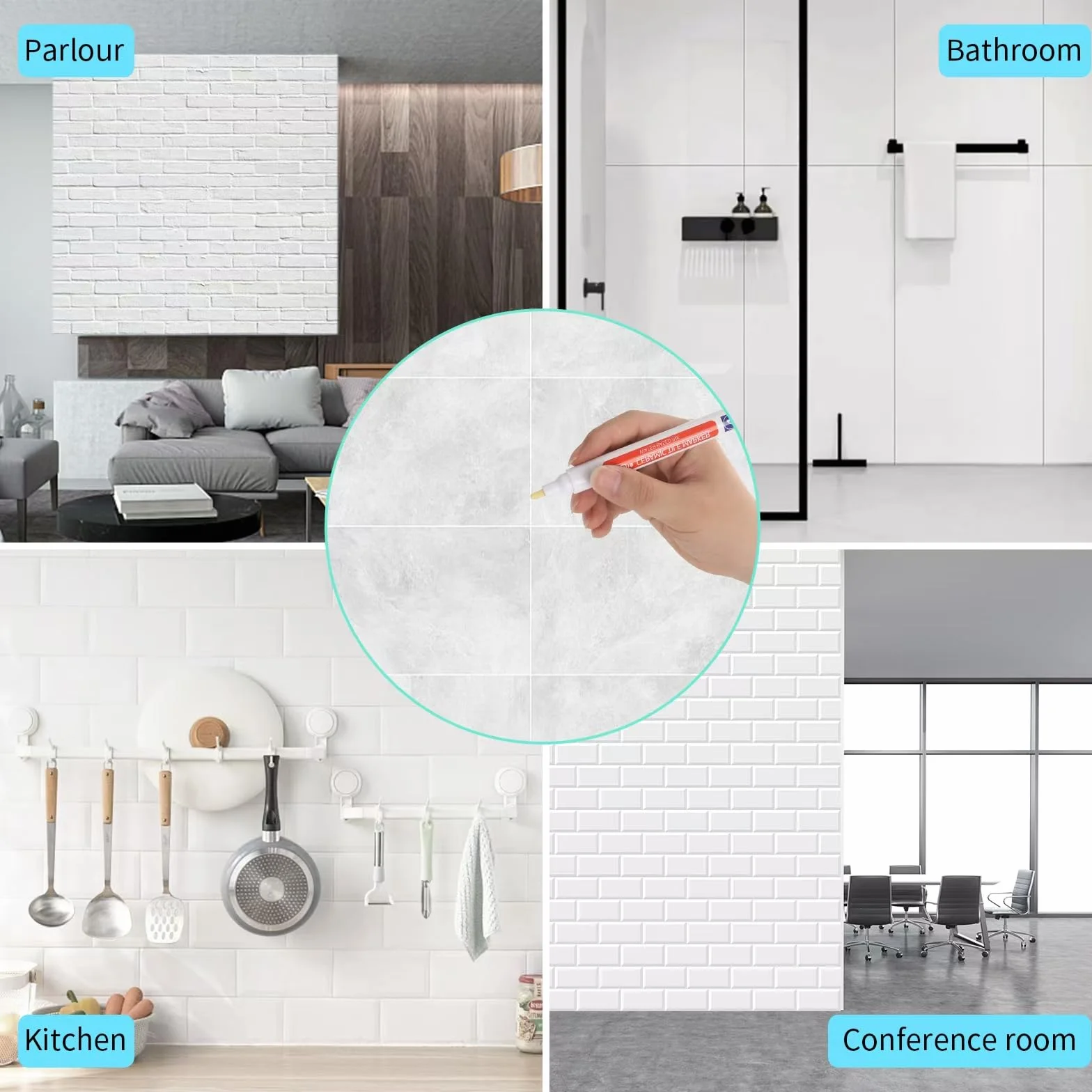 6 pcs Stylo de Carrelage, Crayon À Joints Blanc, Stylo pour Carrelage Mural Avec Plume de Remplacement et 1 Brosse de Nettoyage pour Réparation Carreaux Sol Cuisine et Salle de Bain
