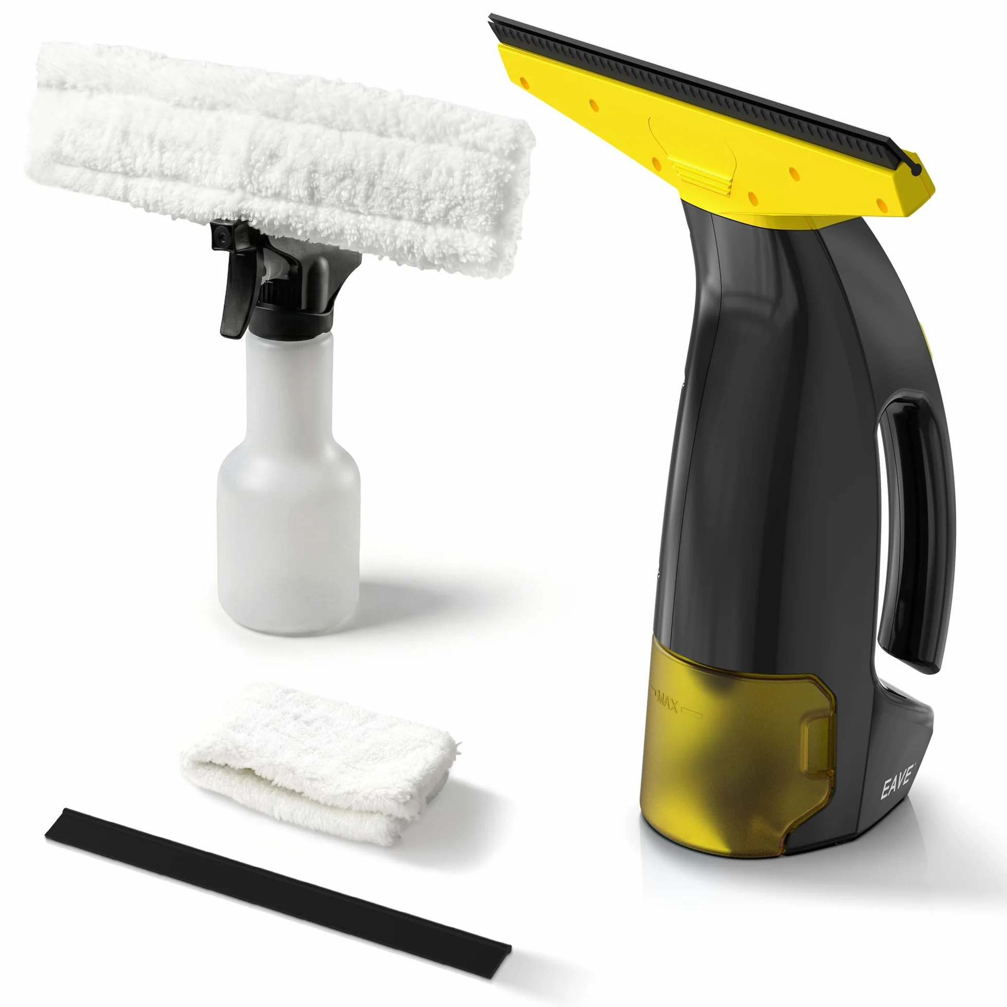 Eave Nettoyeur Vitre, Kit Nettoyeurs de Vitres Sans Fil avec Autonomie de 45 min, Lave Vitre Electrique avec Raclettes de 28cm & Réservoir de 200ml, Adapté aux Vitres, Carrelages & Miroirs (jaune)