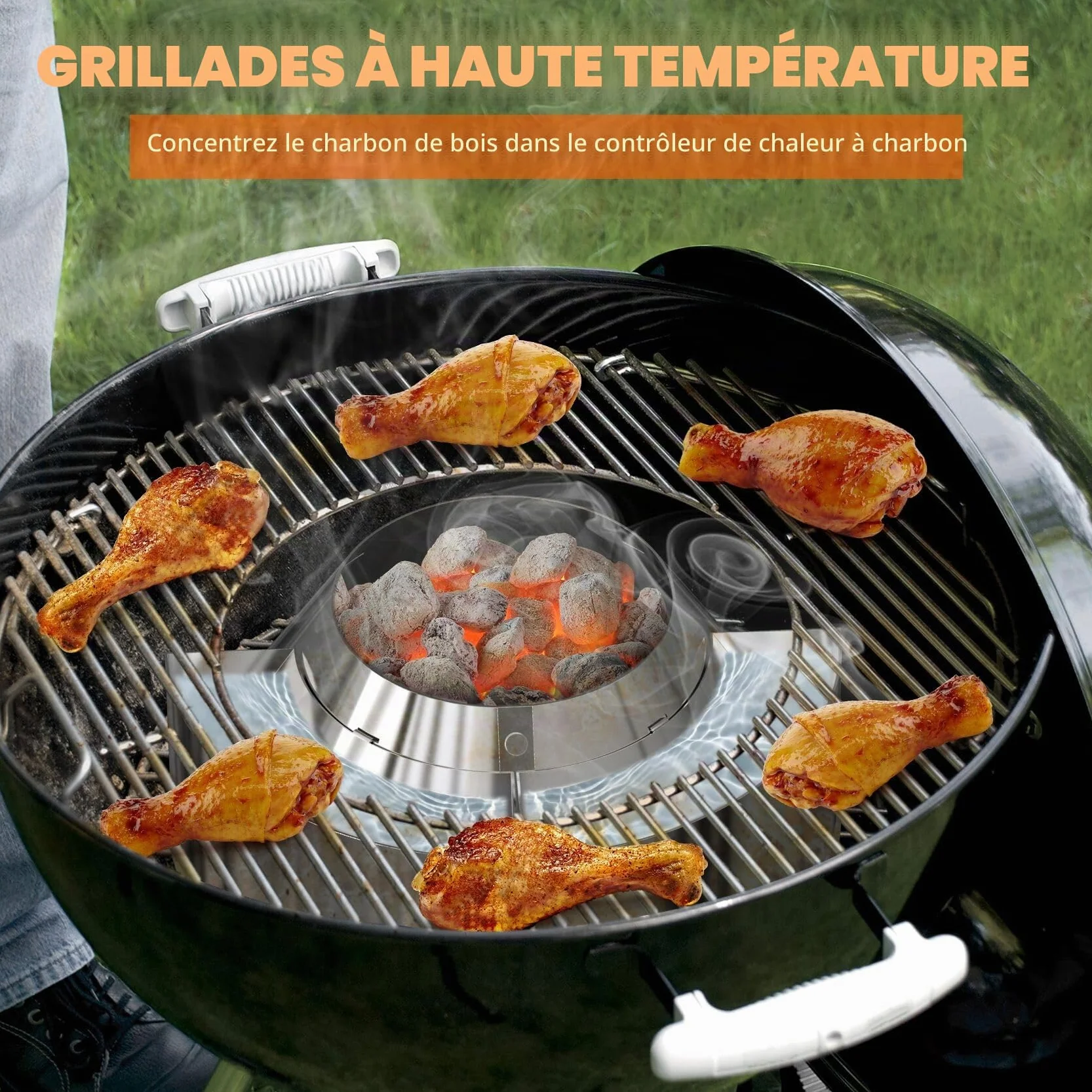 Onlyfire Panier de Charbon en Inox avec Réflecteur de Chaleur et Réservoir d'eau Amovible pour Barbecue à Charbon Weber 57 et 67 cm