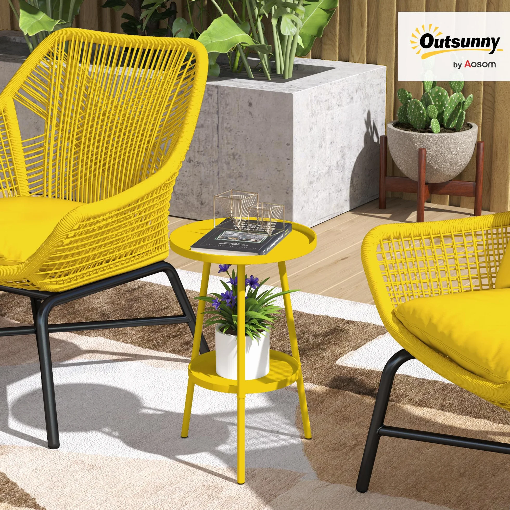 Outsunny Petite Table d'appoint Ronde à 2 Niveaux, Table de Jardin, en métal, Jaune