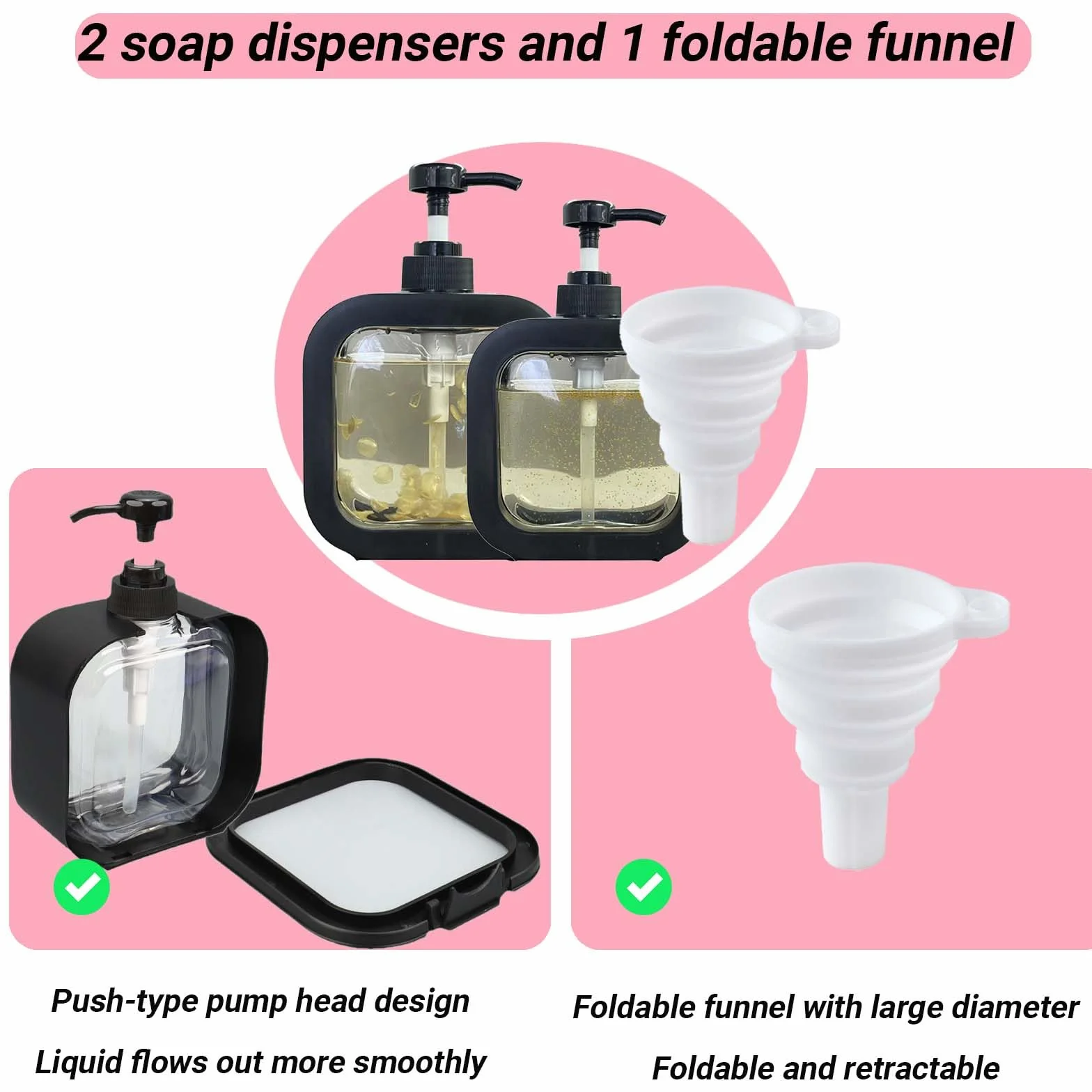 2 Pièces Noir Distributeur Savon WISIRENT, Distributeur Liquide Vaisselle Soap Dispenser, Flacon Pompe Vide Transparent Flacon Pompe Vide, Distributeur Gel Douche et 1 Entonnoir Pliable (500ml&300ml)
