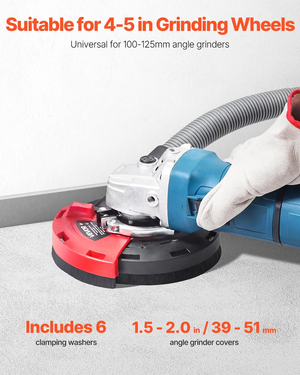 VEVOR Capot de Protection pour Meuleuse d'Angle 100-125 mm Capot Anti-poussière pour Meuleuse Angulaire, avec 6 Rondelles Serrage, Adaptateur de Tuyau d'Aspirateur, Protection pour Meulage Bois Béton