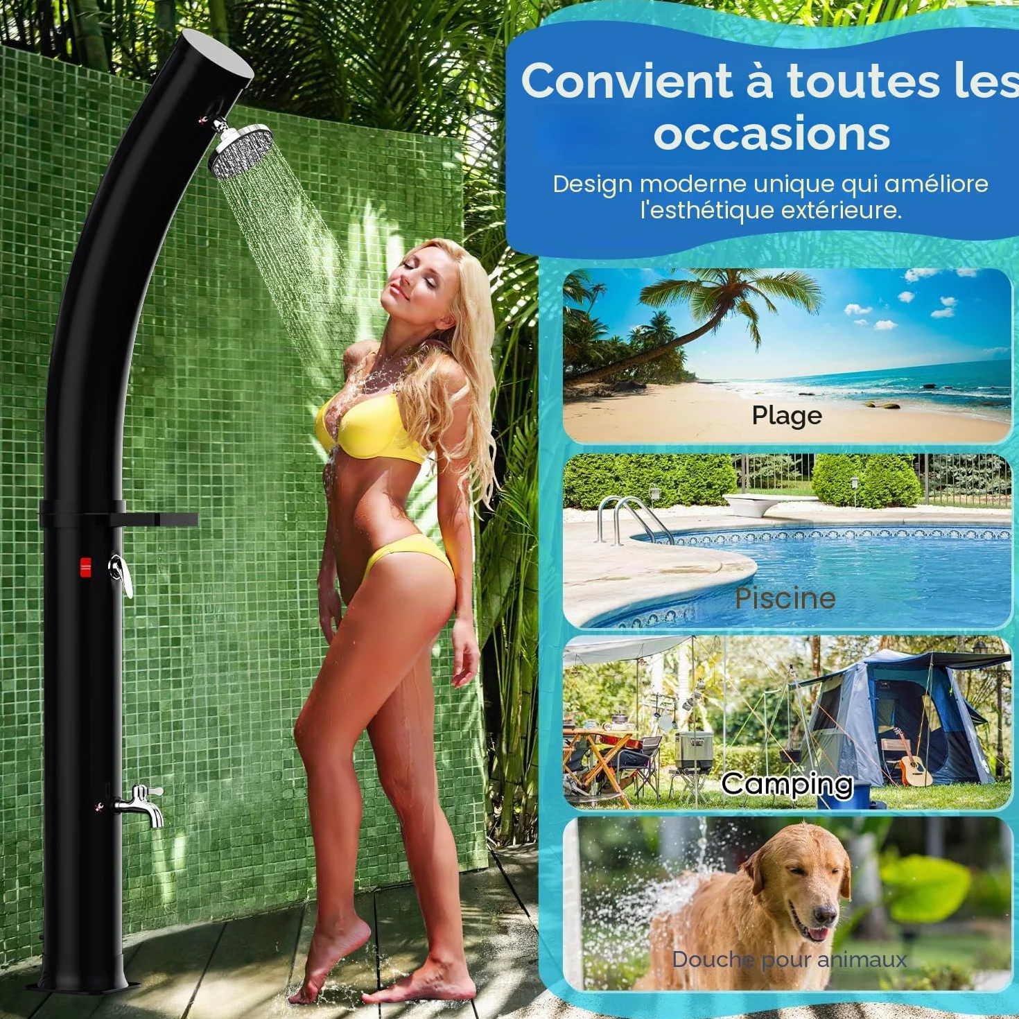 Douche Solaire Arquée 35 L avec Capot de Protection et Pommeau 360° Température Réglable 60°C