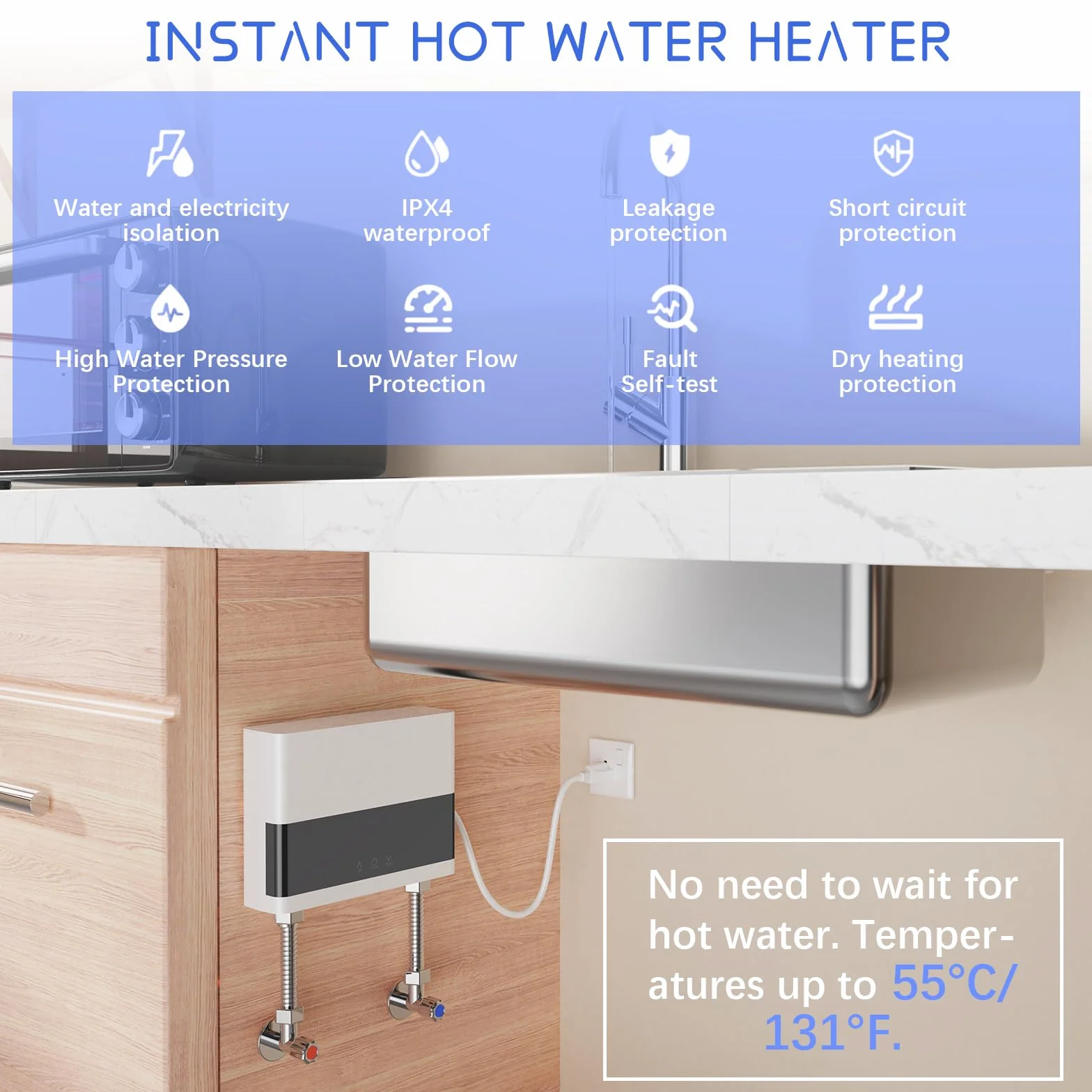 Chauffe-Eau Instantané 6000W Sans Réservoir Économie d'Énergie avec Télécommande LED Blanc