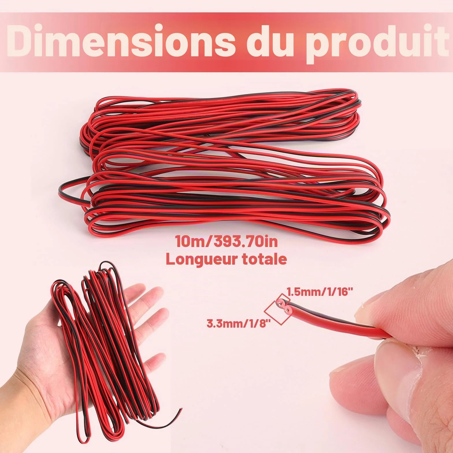 TNSLAND Fil électrique 12v 10 Mètres 22AWG, Cable 12v, Câble électrique à 2 Conducteurs Noir et Rouge, Câble LED, Câble à 2 Conducteurs pour Projets DIY avec Bandes LED et Câblage électronique