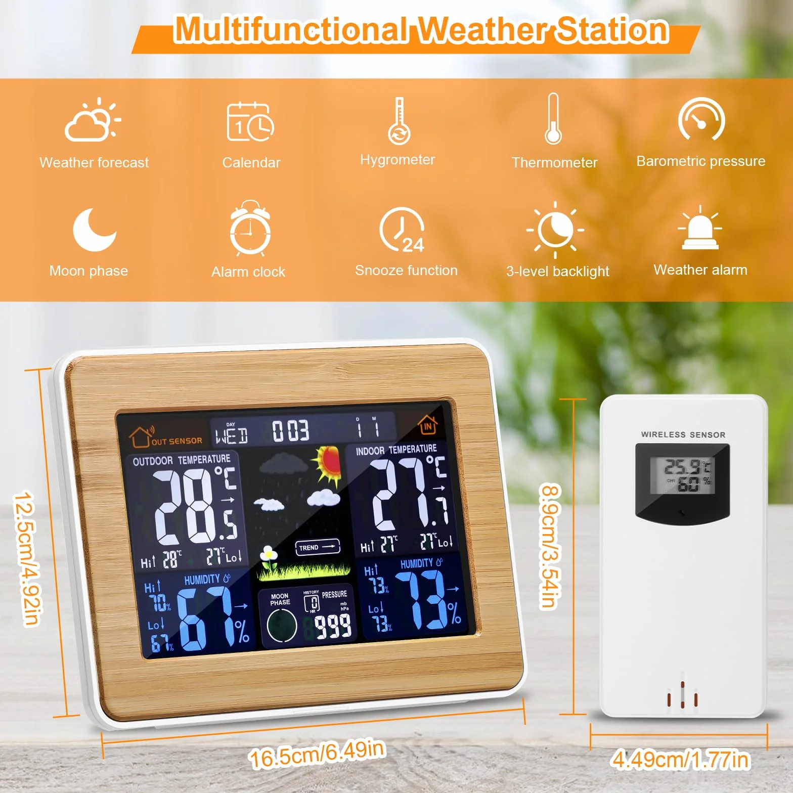 Station météo sans fil numérique avec capteur extérieur, thermomètre intérieur/extérieur, horloge, alarme, phases de lune