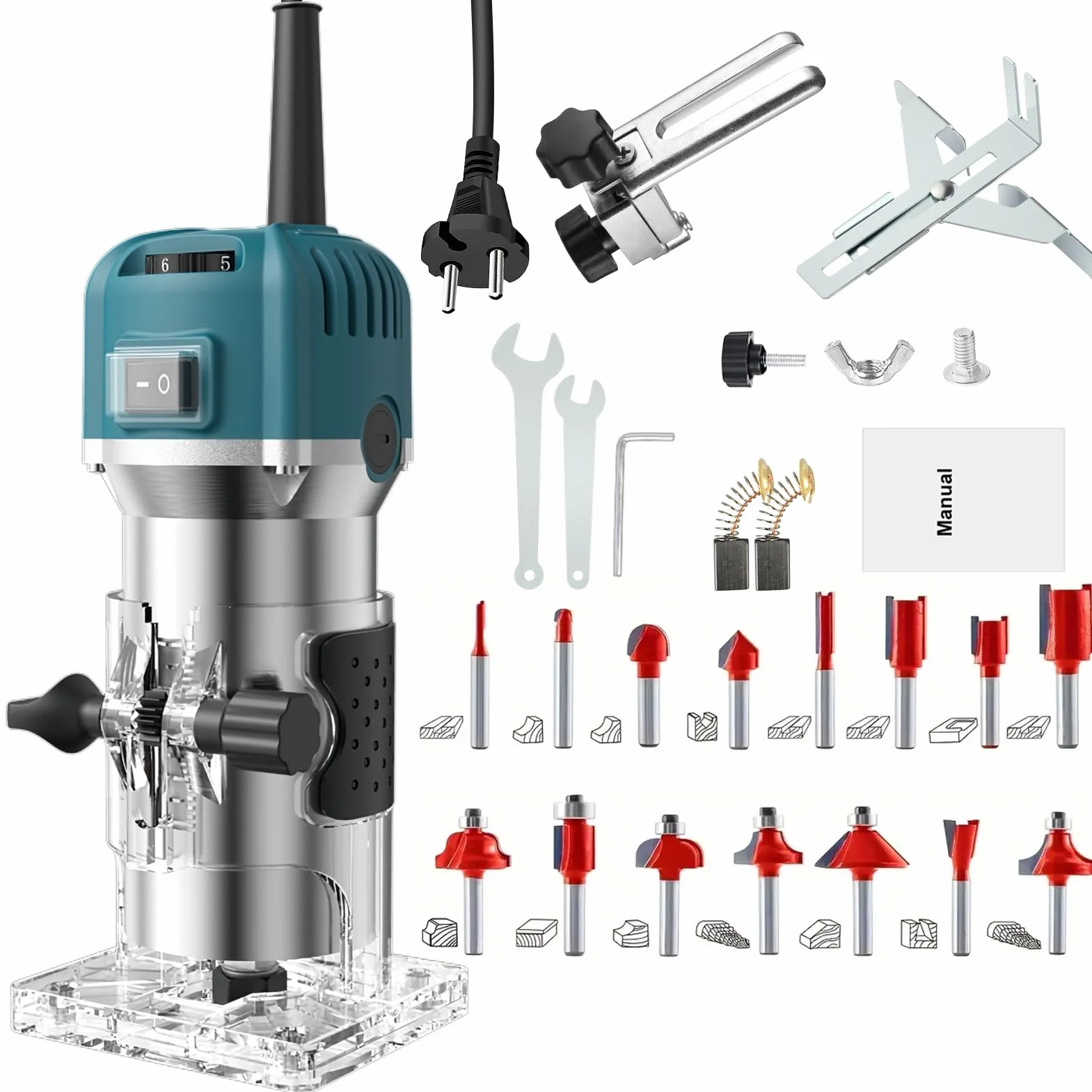 Fraiseuse verticale 800 W, défonceuse électrique pour bois, 30 000 tr/min Fraiseuse électrique à 6 vitesses variables avec 15 fraises à rainurer pour chanfreiner, rainurer, fraiser, poinçonner