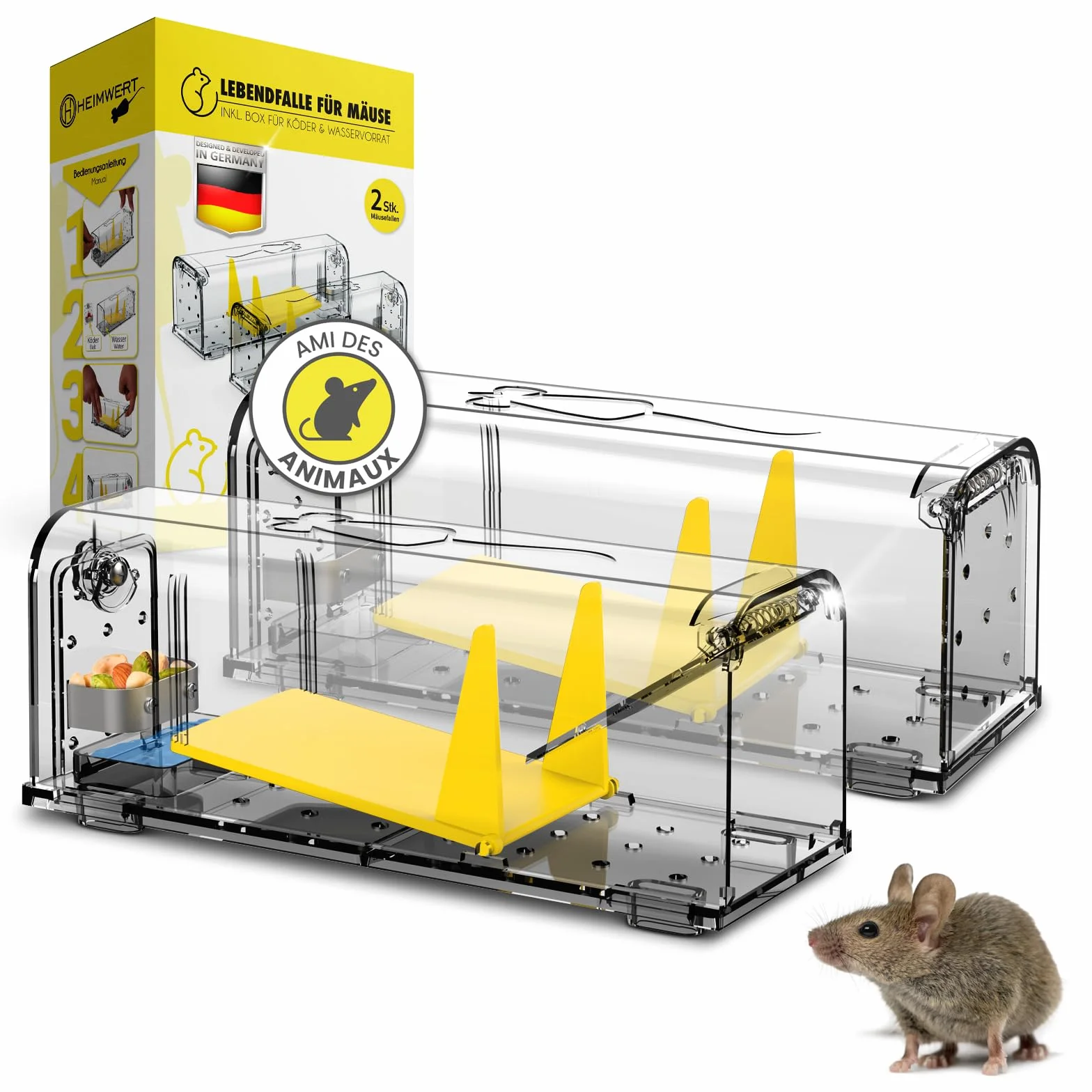 HEIMWERT Piège à Souris Vivantes Set de 2 - avec Stockage d'Eau, Boîte d'Appât, Trous de Ventilation – Piège à Rat avec Sortie Rapide sans Contact
