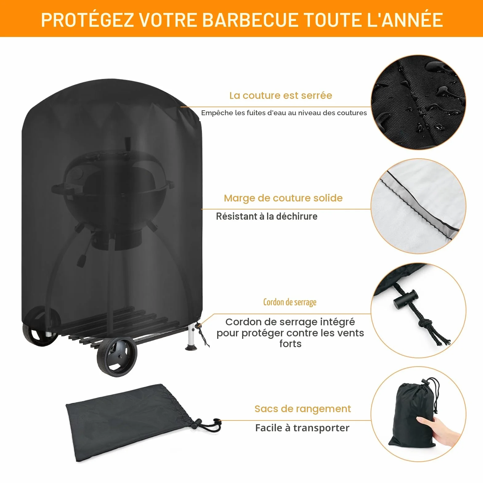 Housse Barbecue Exterieur Rond 210D Oxford Anti-UV Anti-l'eau Ø61x72cm Noir