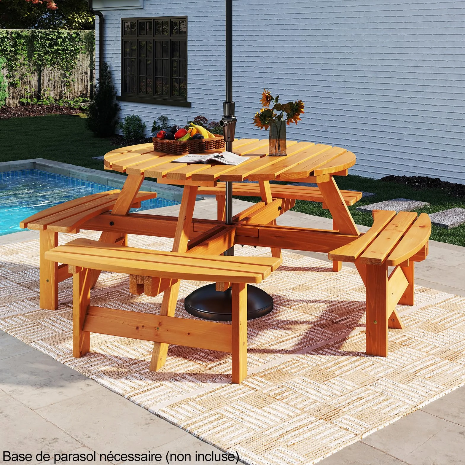 GOPLUS Table Pique-Nique Extérieur 8 Personnes, Salon de Jardin Rond avec 4 Bancs Intégrés, Trou Parasol 5 cm, Charge 100+250KG, Jaune