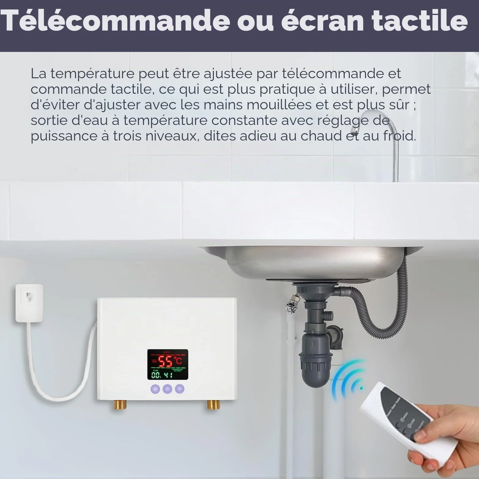 Chauffe-eau instantané électrique 5,5 kW écran LED réglage température 3 niveaux cuisine