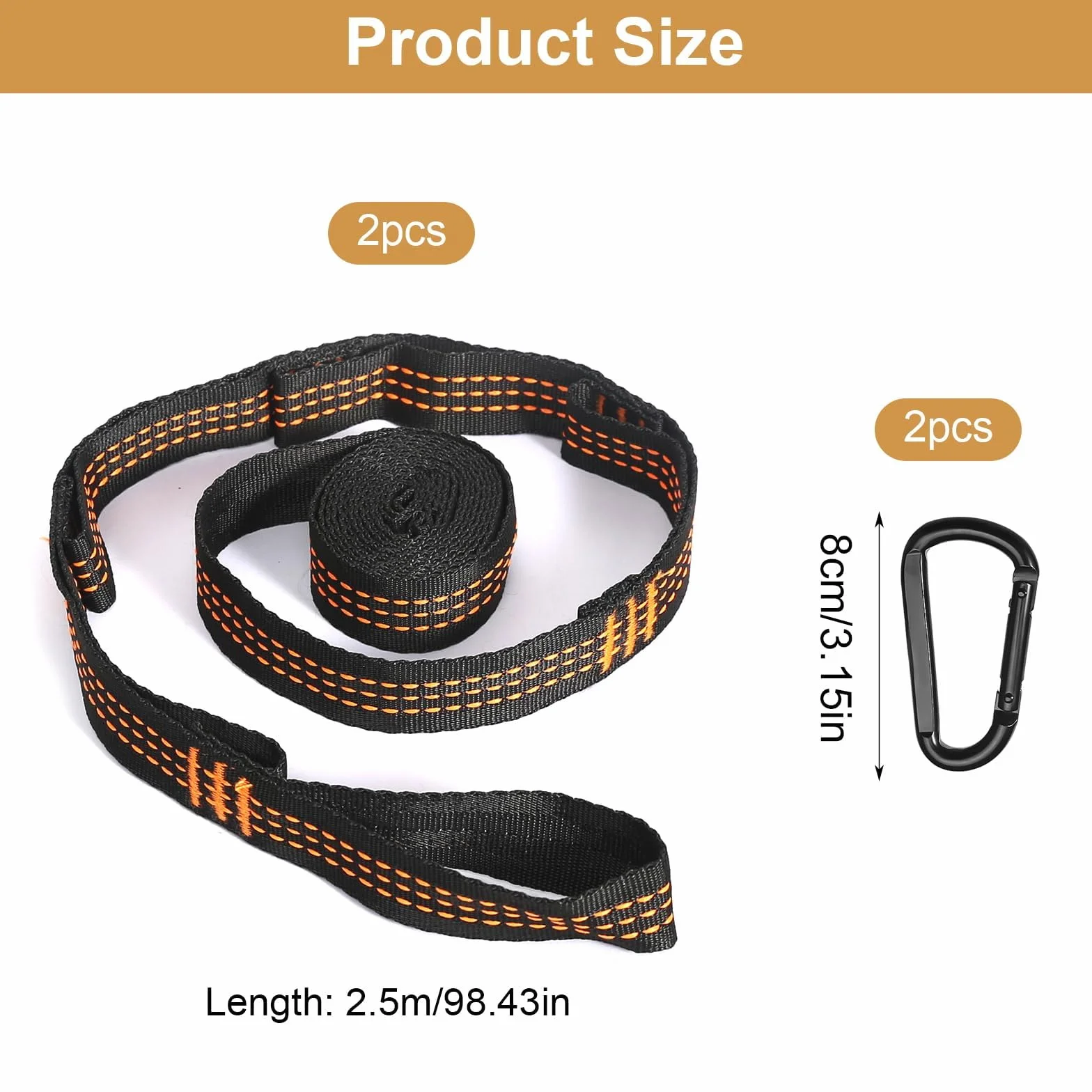 Sangle Hamac 2 M x 2,5 Cm avec Mousquetons pour Suspension Camping Extérieur