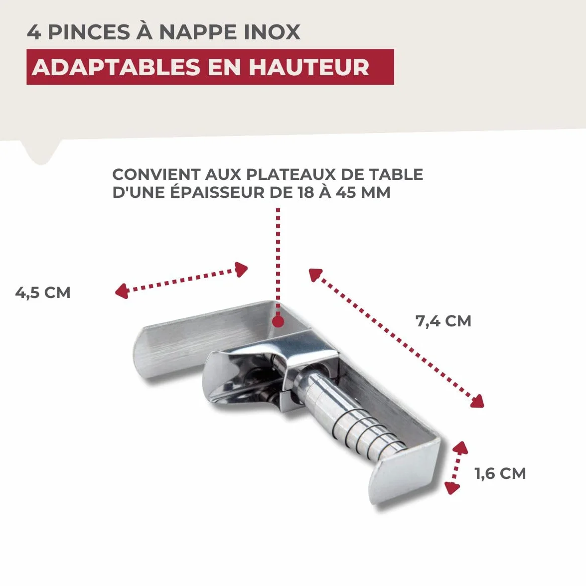 Fackelmann Lot de 4 Pinces à Nappe Inoxydable Extérieur Acier Inoxydable Argent 7,4 x 1,6 x 4,5 cm