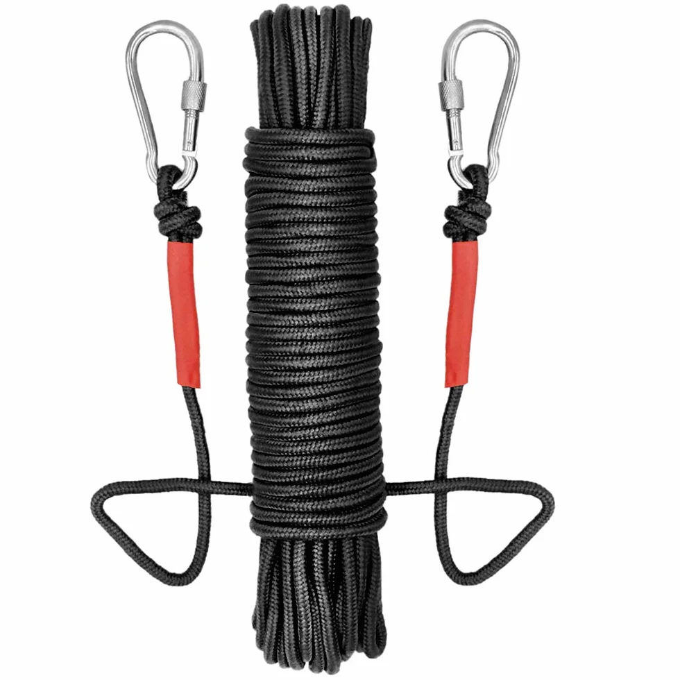 UTOMAG Corde en Nylon avec 2 Fermoir à Ressort - Corde Tressée de 20 Mètres, Multifonctionnelle pour la Pêche Magnétique, la Fixation de Charges et Le Séchage du Linge (Diamètre 6mm, Noir)