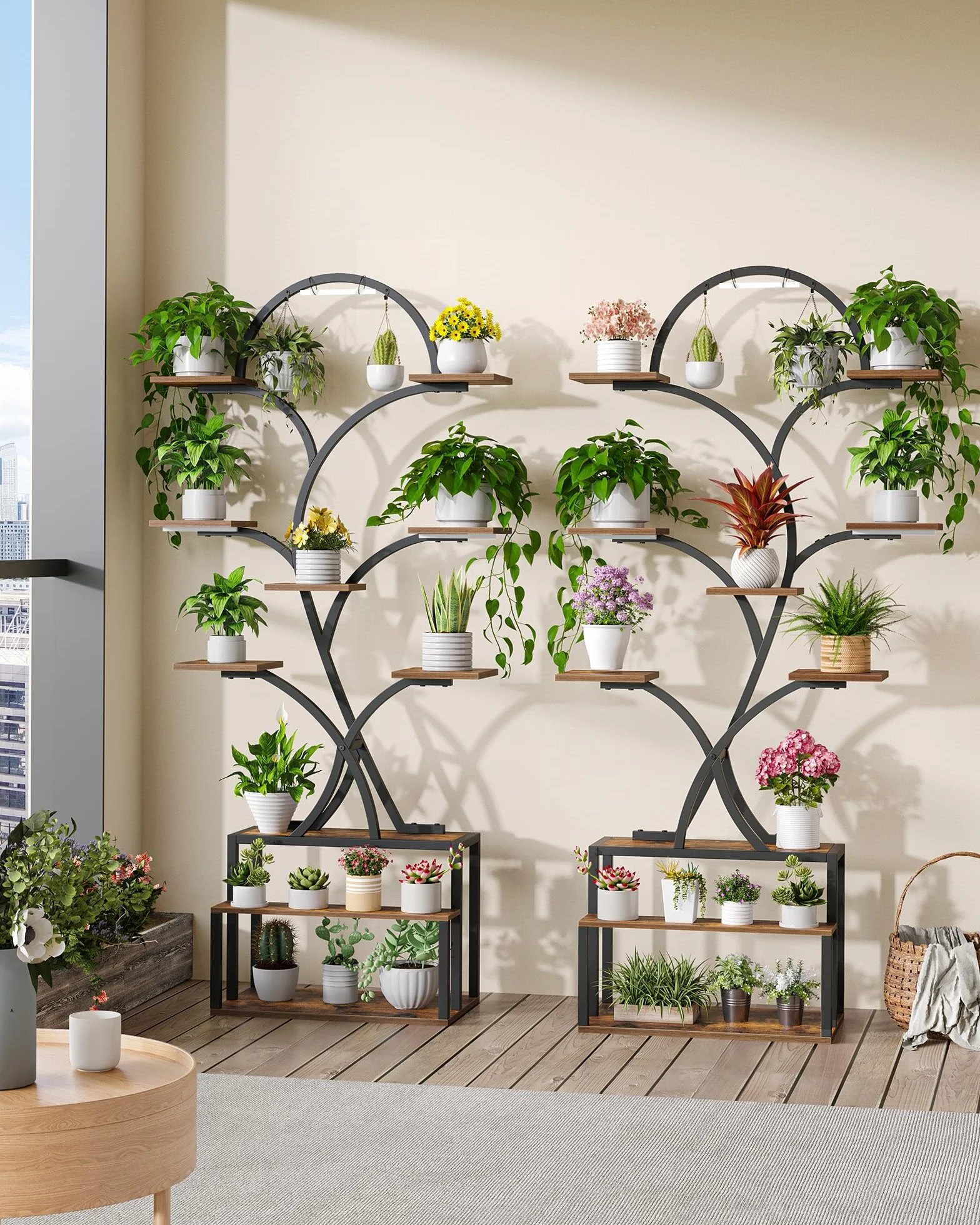 Étagère à Plantes avec Lampe LED 10 Niveaux Bois 168 cm Noir