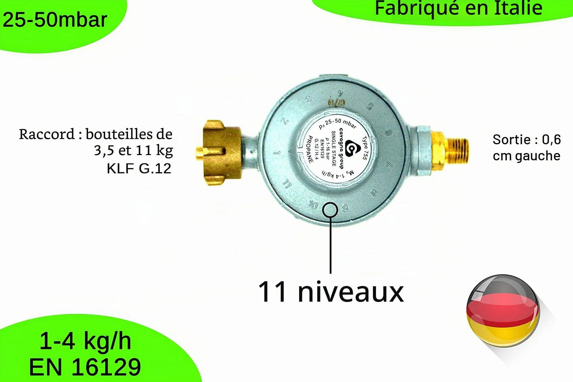 Cavagna Régulateur Basse Pression 25-50mbar réglable 11 Niveaux pour Gaz