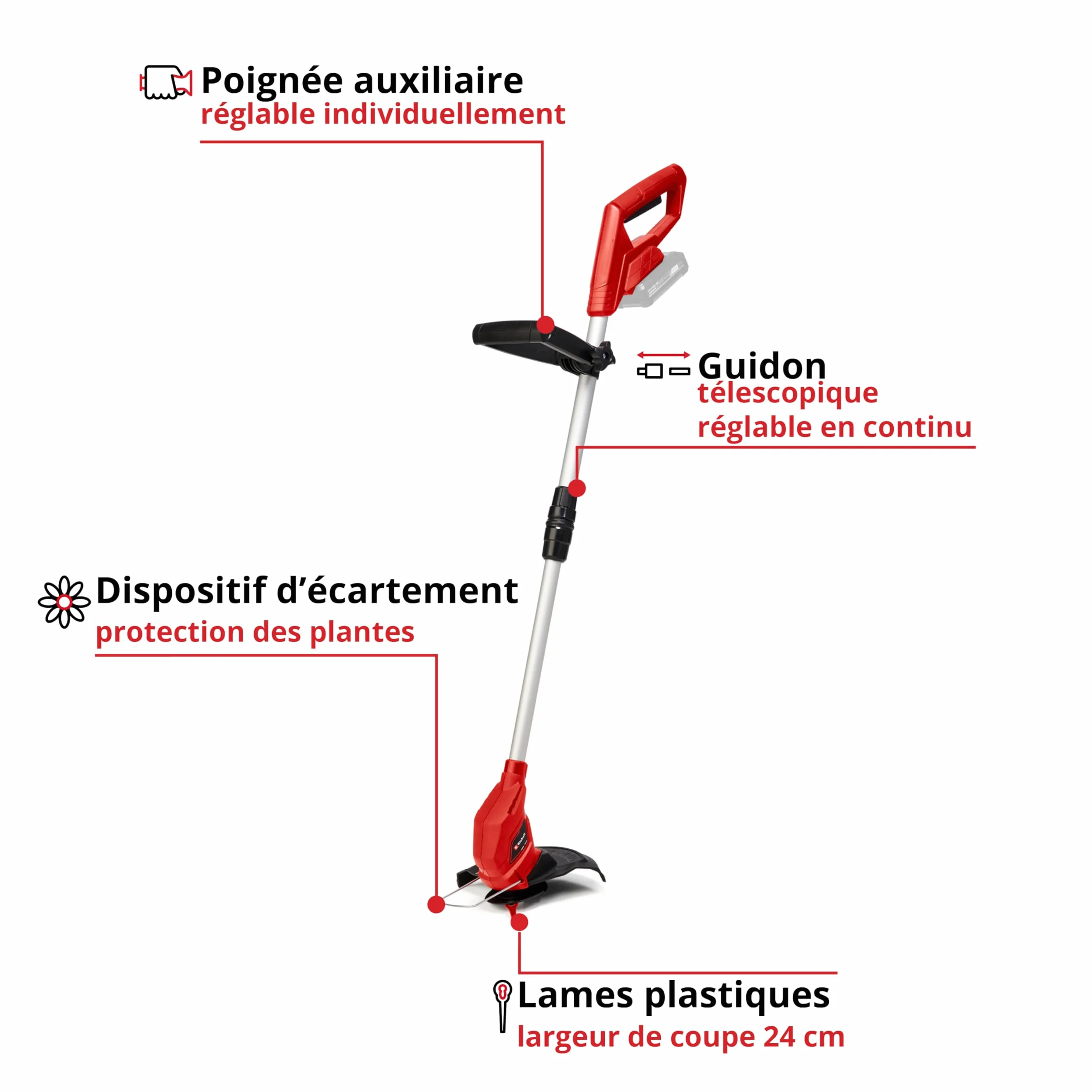 Einhell GC-CT 18/24 Li Coupe-Bordures sans Fil 18 V 24 cm Manche télescopique Rouge/Noir