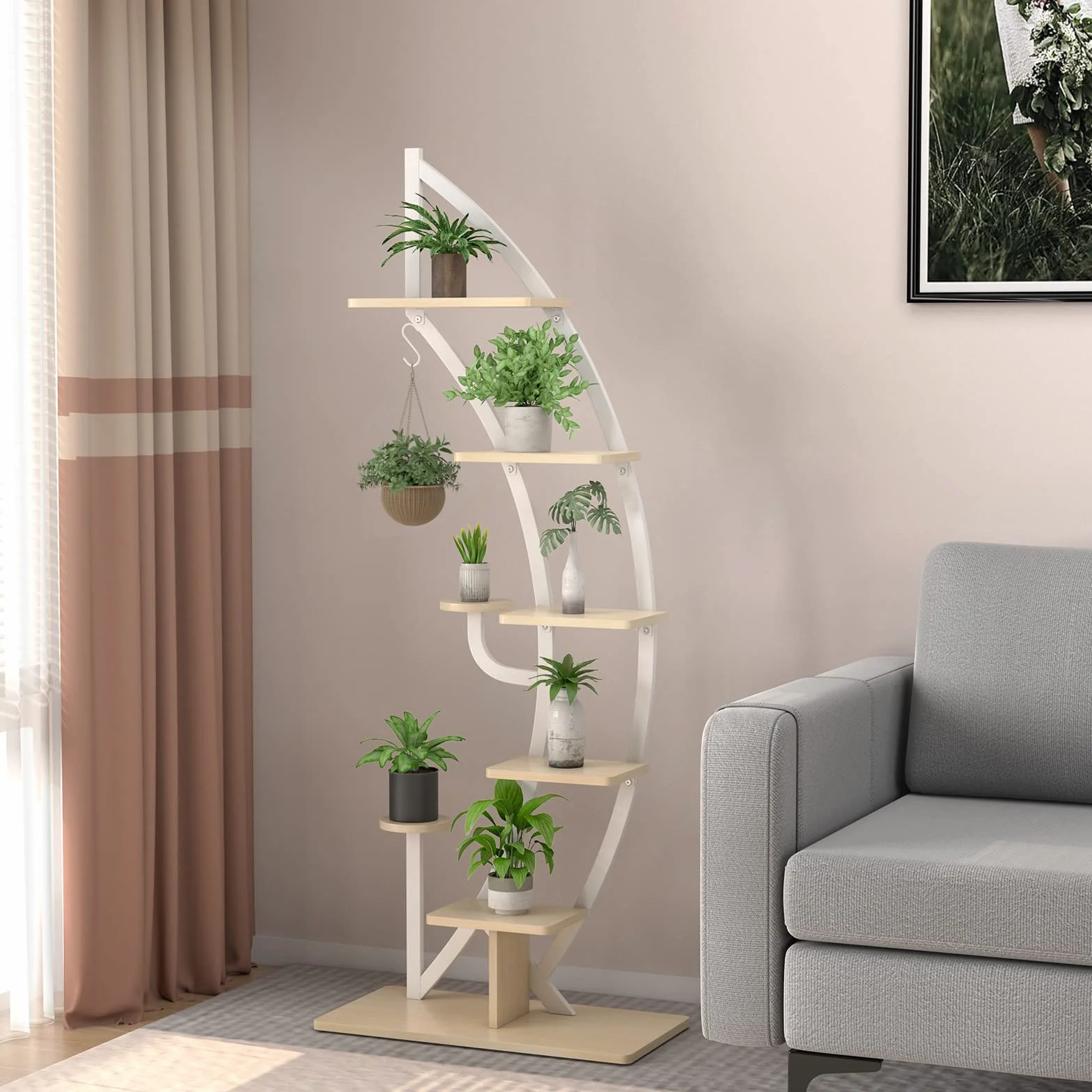 COSTWAY Support de Plante Métal 7 Niveaux, Étagère à Fleurs avec Crochet, Demi-lune Anti-renversement, 60x30x155 cm Blanc