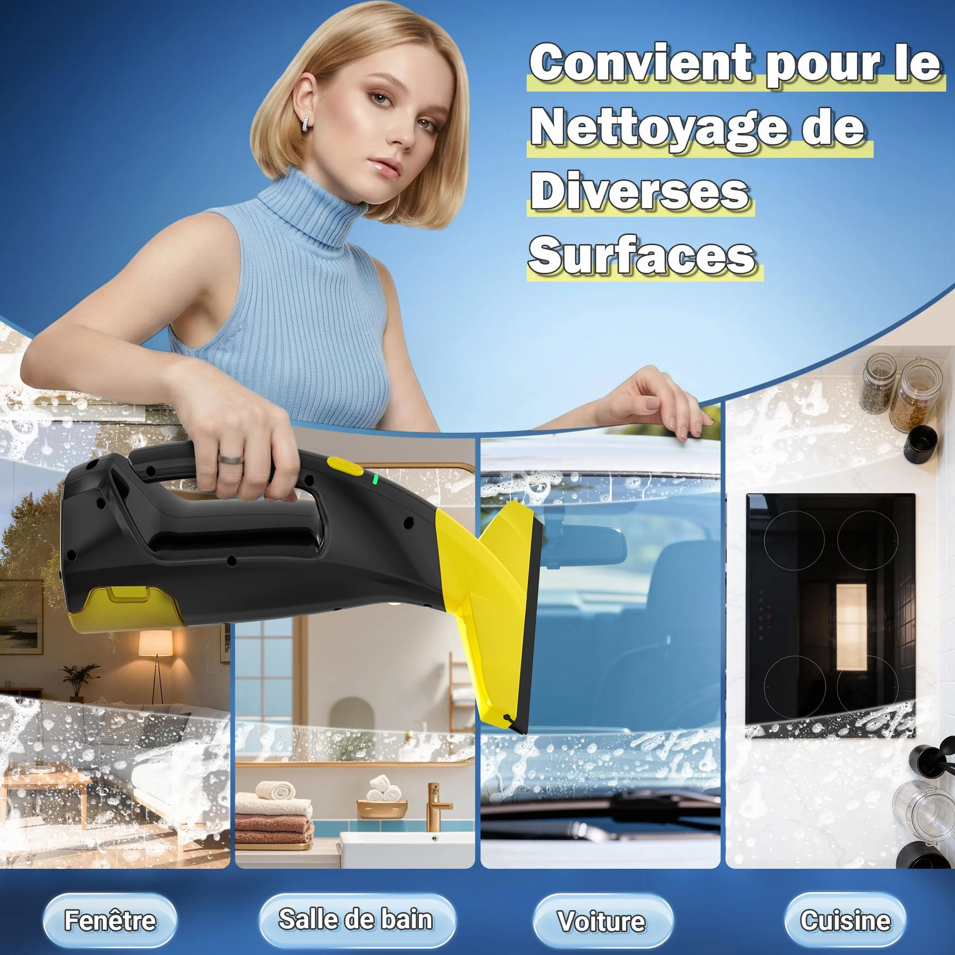 Eave Nettoyeur Vitre, Kit Nettoyeurs de Vitres Sans Fil avec Autonomie de 45 min, Lave Vitre Electrique avec Raclettes de 28cm & Réservoir de 200ml, Adapté aux Vitres, Carrelages & Miroirs (jaune)