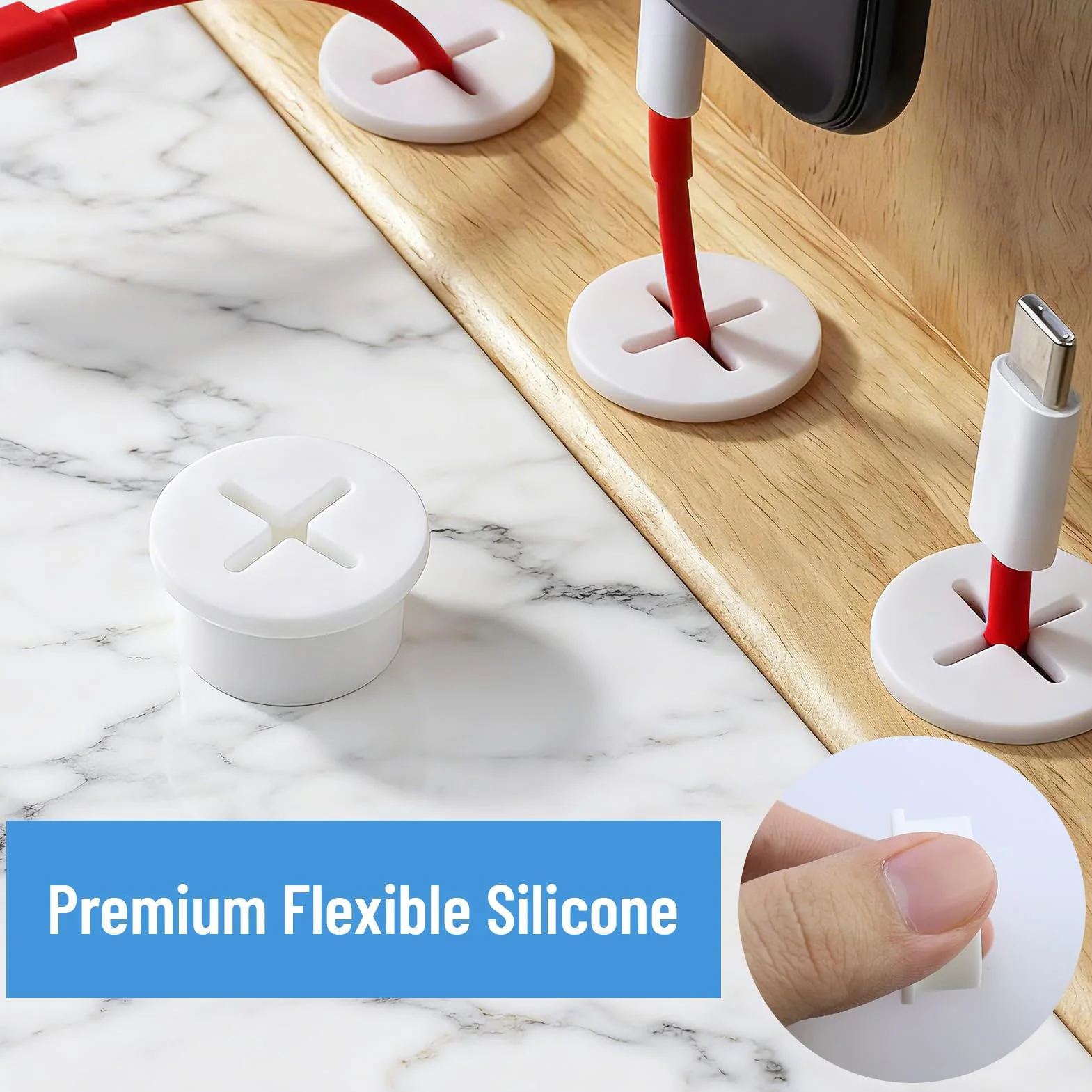 Lot de 12 passe-câbles en silicone de 25 mm avec 1 foret - Pour bureau, école, ordinateur, bureau - Blanc