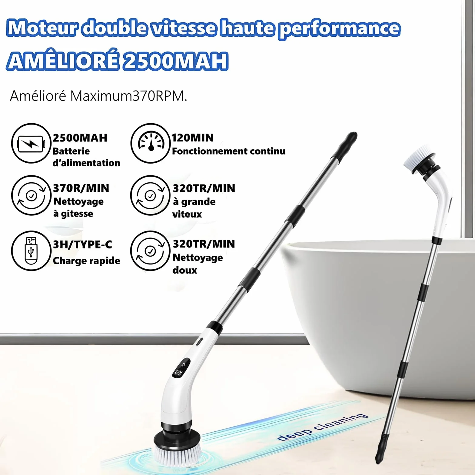 Brosse à récurer électrique, Brosse de Nettoyage sans Fil avec 8 têtes, Manche Long télescopique, Brosse nettoyante Rechargeable, Charge USB-C, pour Sol,Salle de Bain, Cuisine, Douche et Baignoire